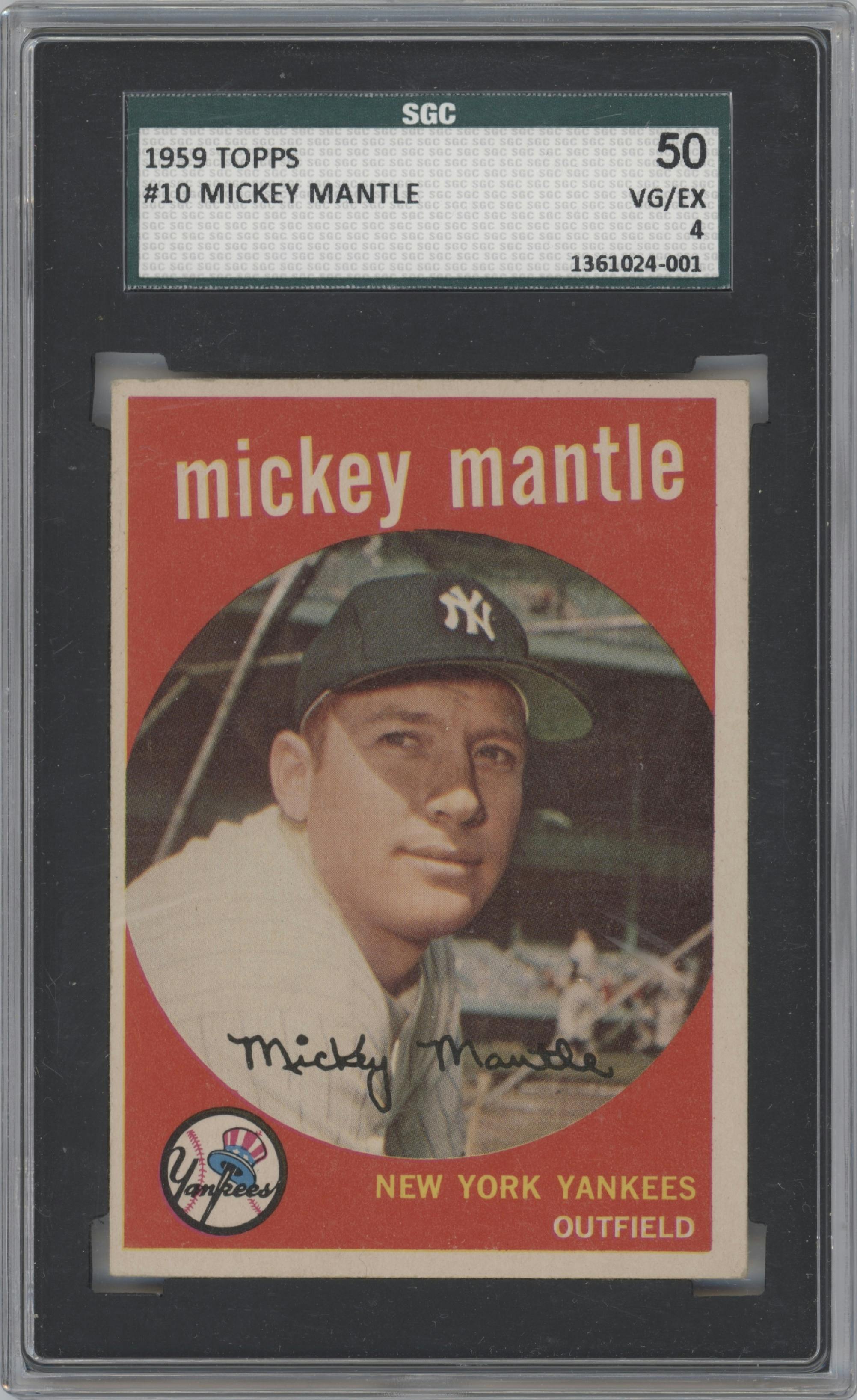 Mickey Mantle from the 1959 Topps set graded by SGC and given an overall grade of 4.