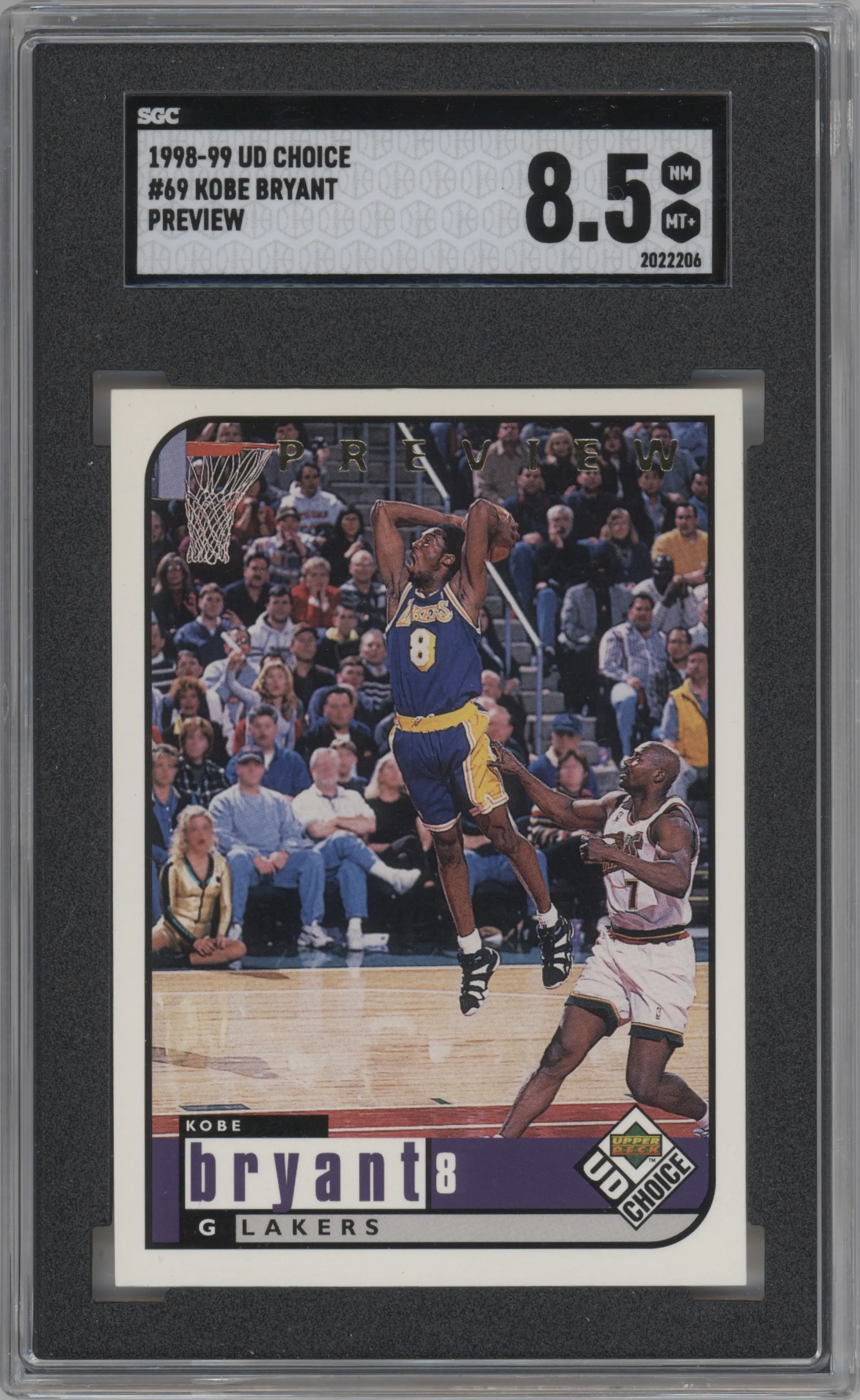 Kobe Bryant from the 1998-99 UD Choice Preview set graded by SGC and given an overall grade of 8.5.
