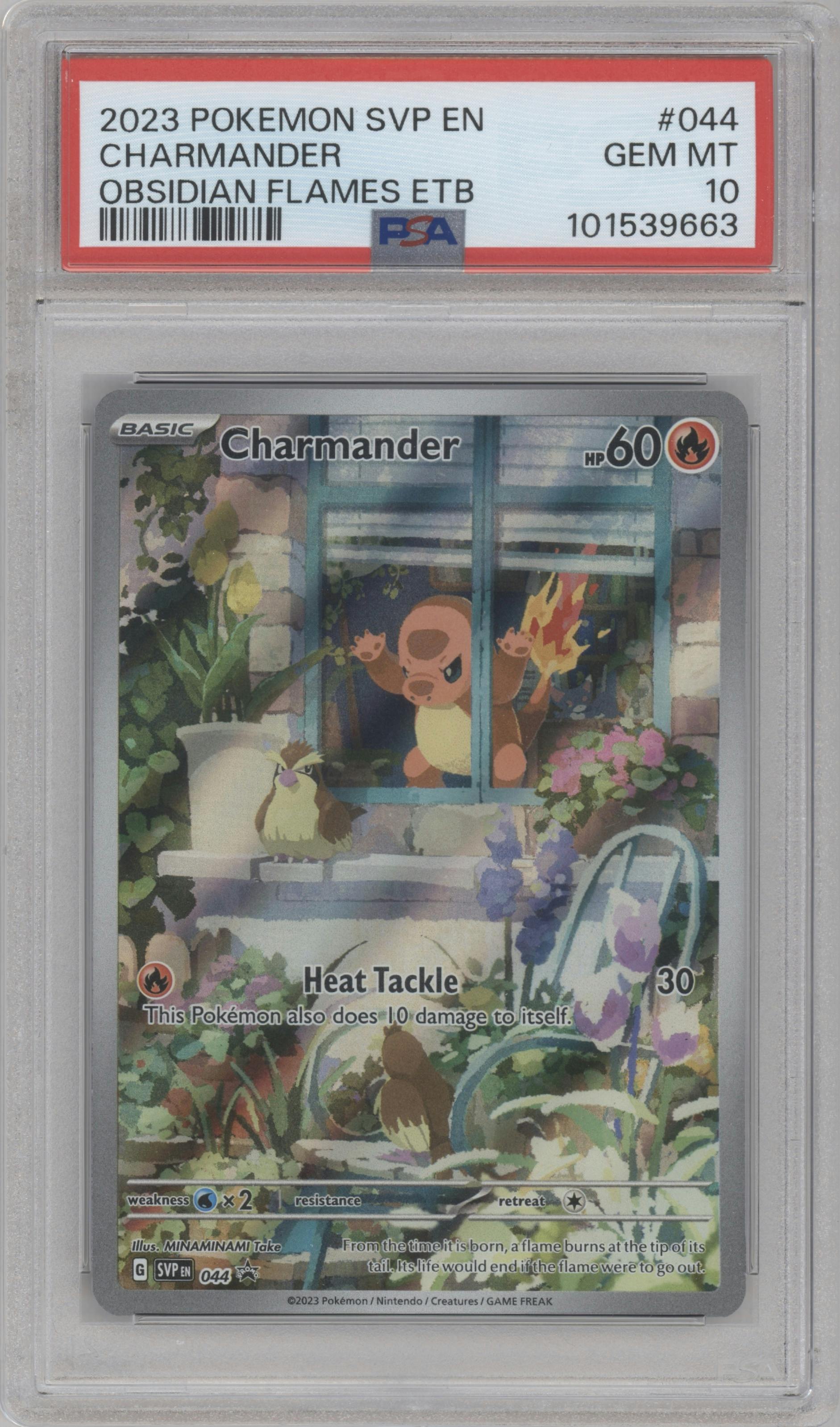 Charmander from the 2023 Pokemon SV set featuring a Obsidian Flame Elite Trainer Box parallel graded by PSA and given an overall grade of 10.