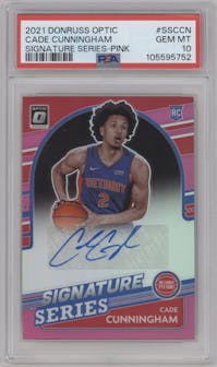 Cade Cunningham from the 2021-22 Panini Donruss Optic set featuring a Pink  parallel graded by PSA and given an overall grade of 10.