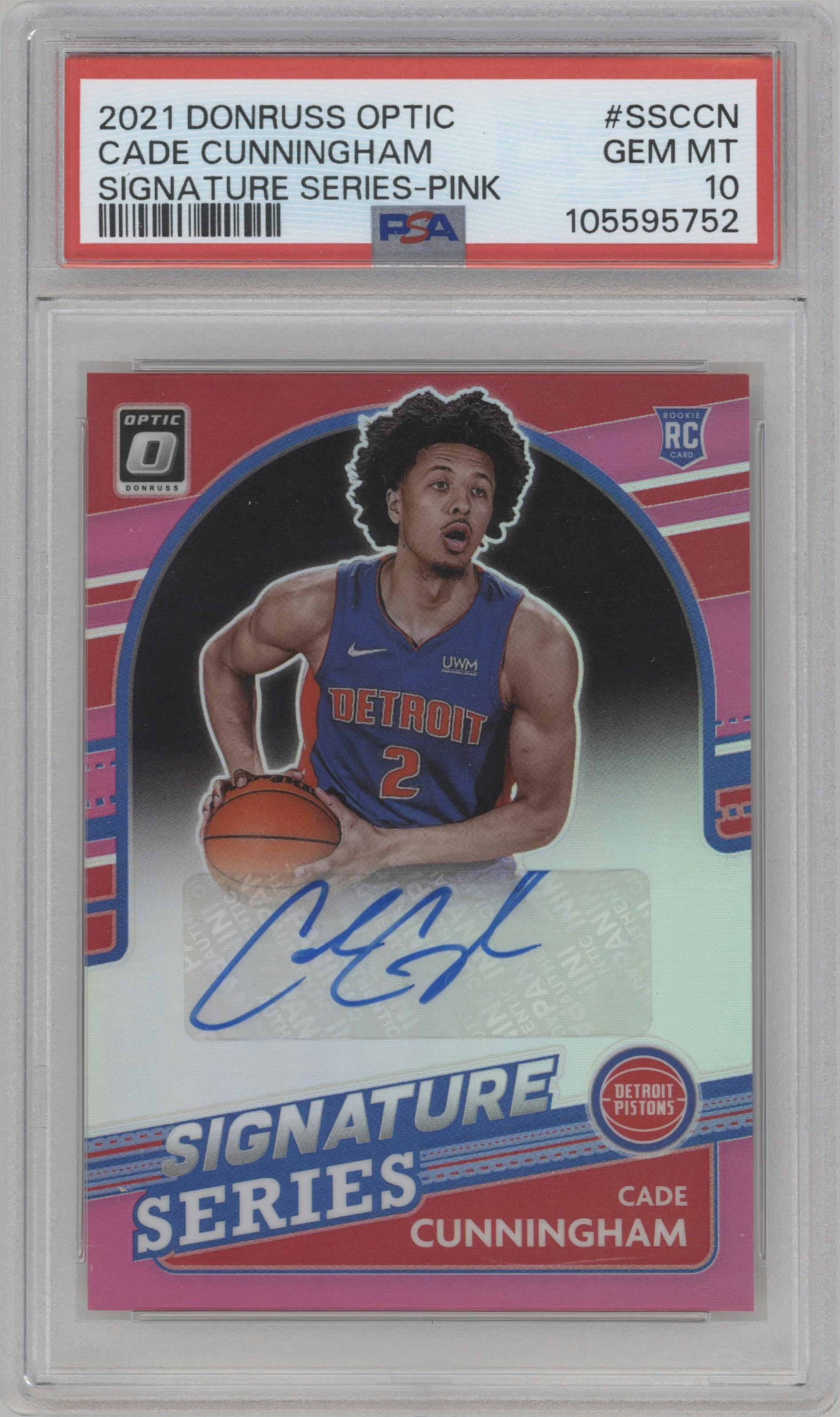 Cade Cunningham from the 2021-22 Panini Donruss Optic set featuring a Pink  parallel graded by PSA and given an overall grade of 10.