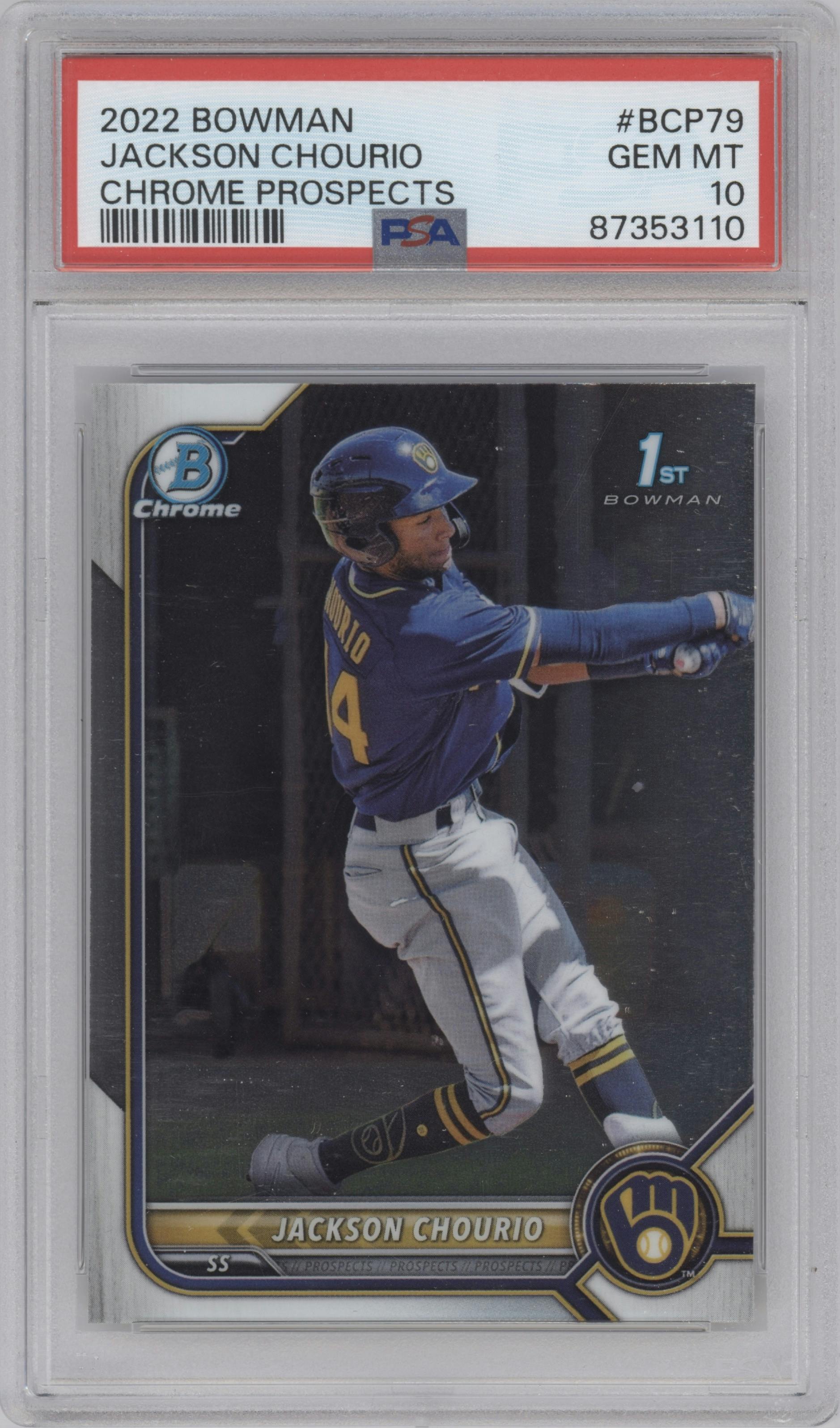 Jackson Chourio from the 2022 Bowman set graded by PSA and given an overall grade of 10.
