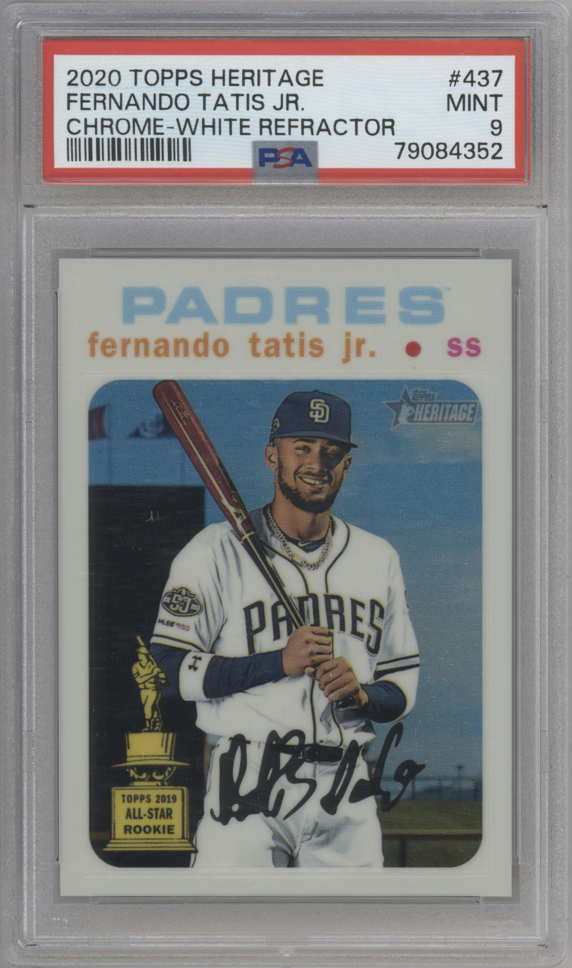 Fernando Tatis Jr. from the 2020 Topps Heritage set featuring a White Refractor  parallel graded by PSA and given an overall grade of 9.
