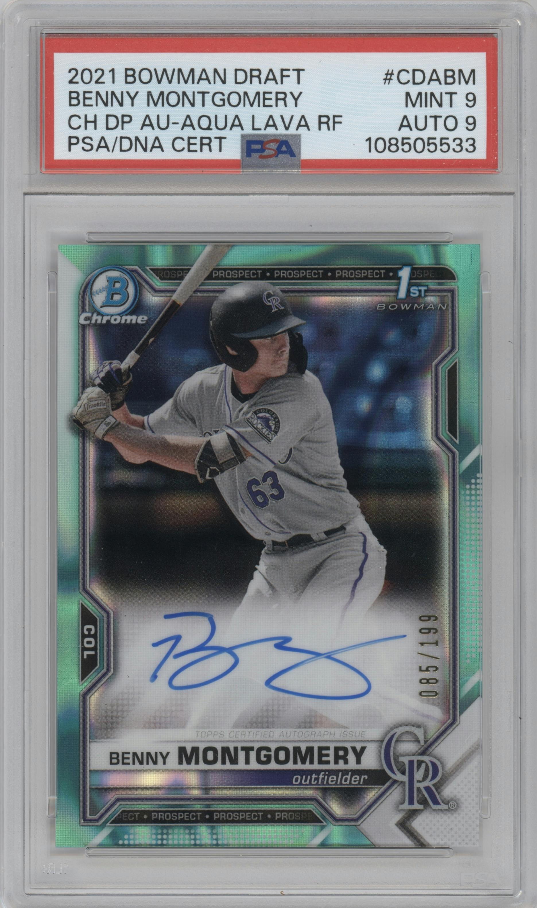 Benny Montgomery from the 2021 Bowman Draft set featuring a Aqua Lava Refractor parallel graded by PSA and given an overall grade of 9.