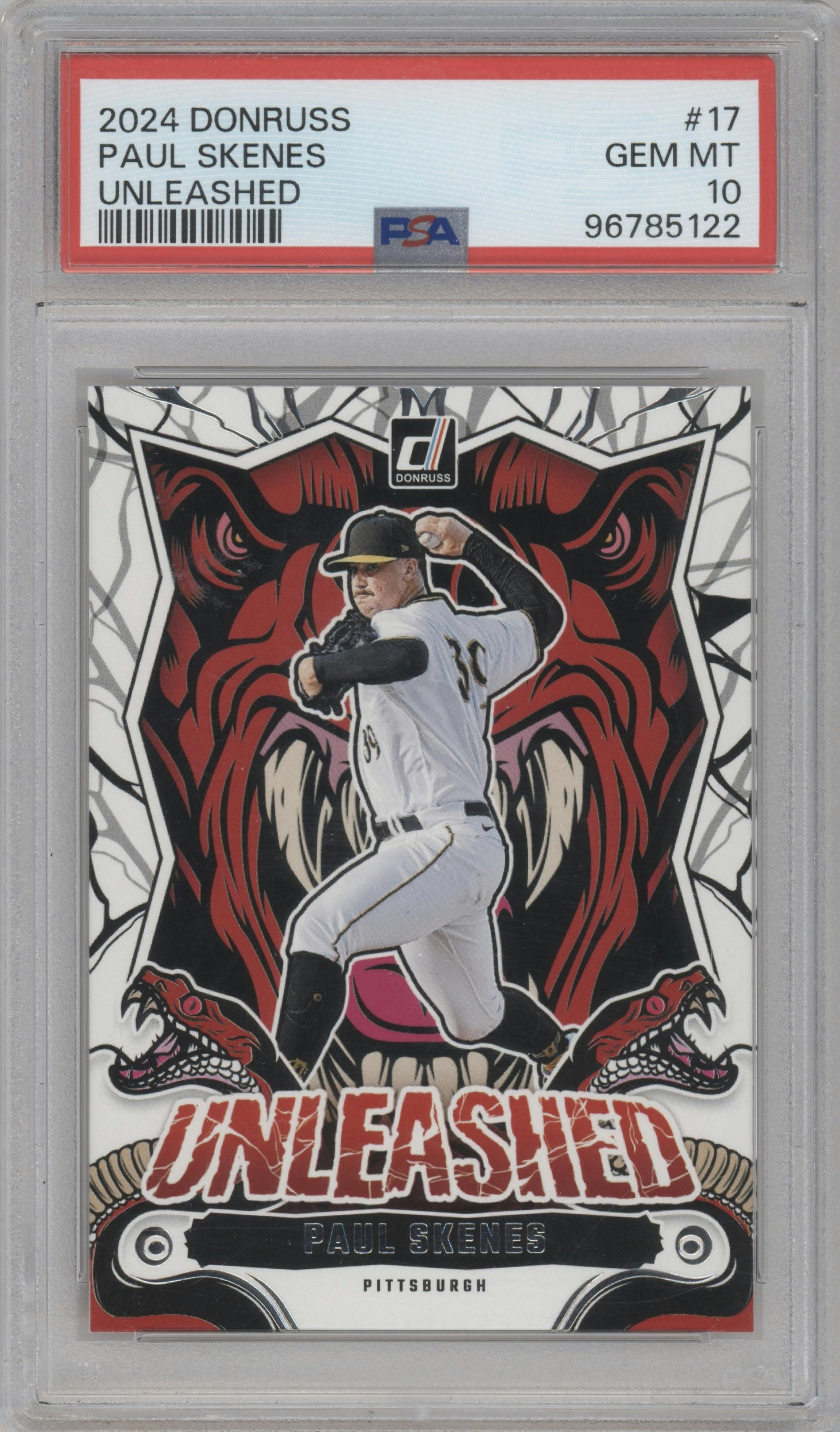 Paul Skenes from the 2024 Panini Donruss set graded by PSA and given an overall grade of 10.
