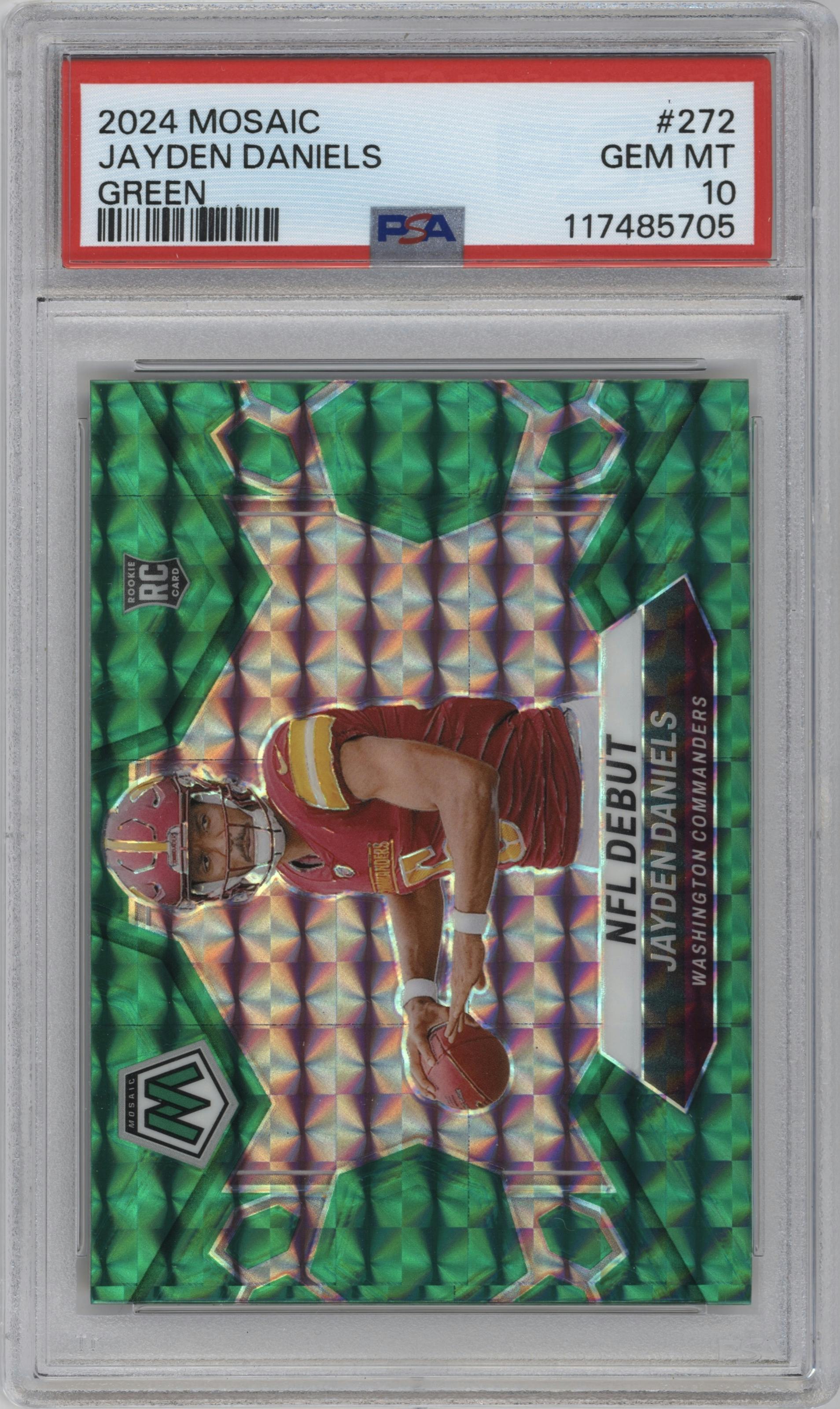 Jayden Daniels from the 2024 Panini Mosaic set featuring a Green Mosaic parallel graded by PSA and given an overall grade of 10.