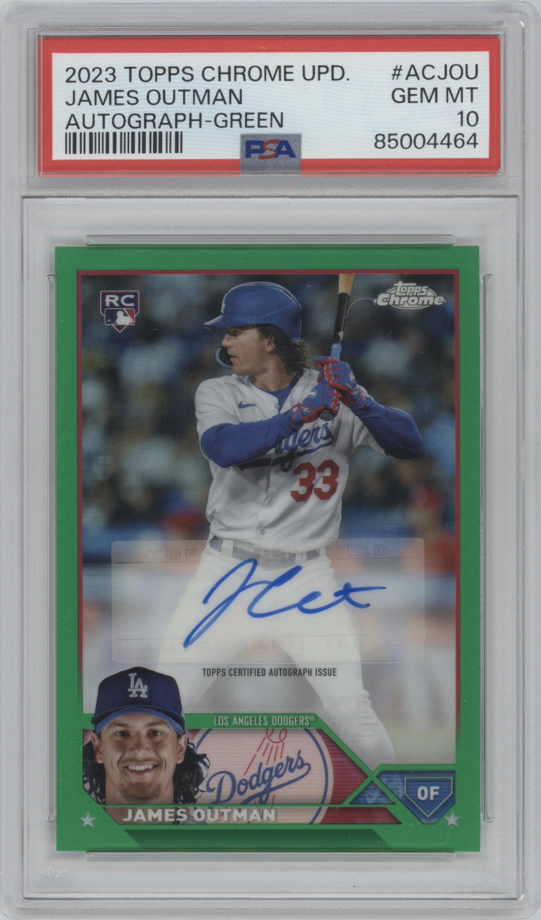 James Outman from the 2023 Topps Chrome Update set featuring a Green Refractor parallel graded by PSA and given an overall grade of 10.