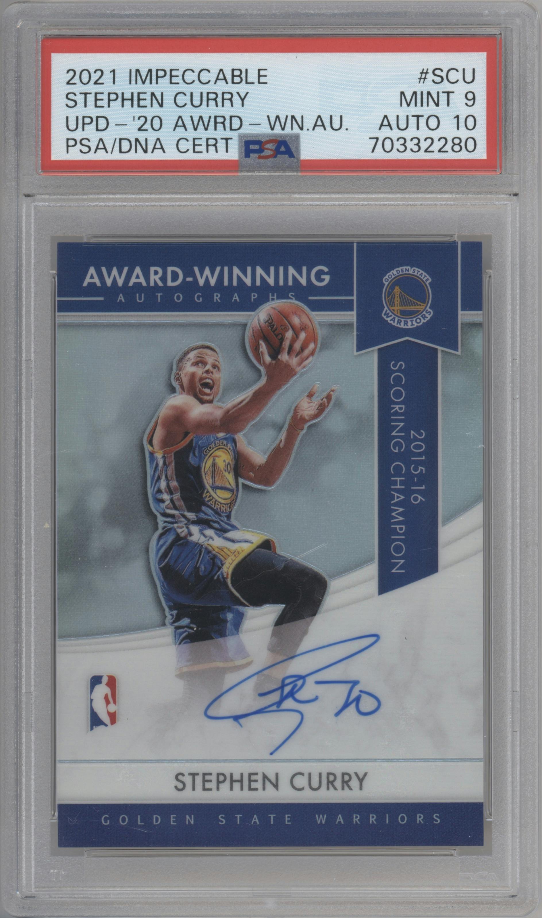Stephen Curry from the 2021-22 Panini Impeccable  set graded by PSA and given an overall grade of 9.