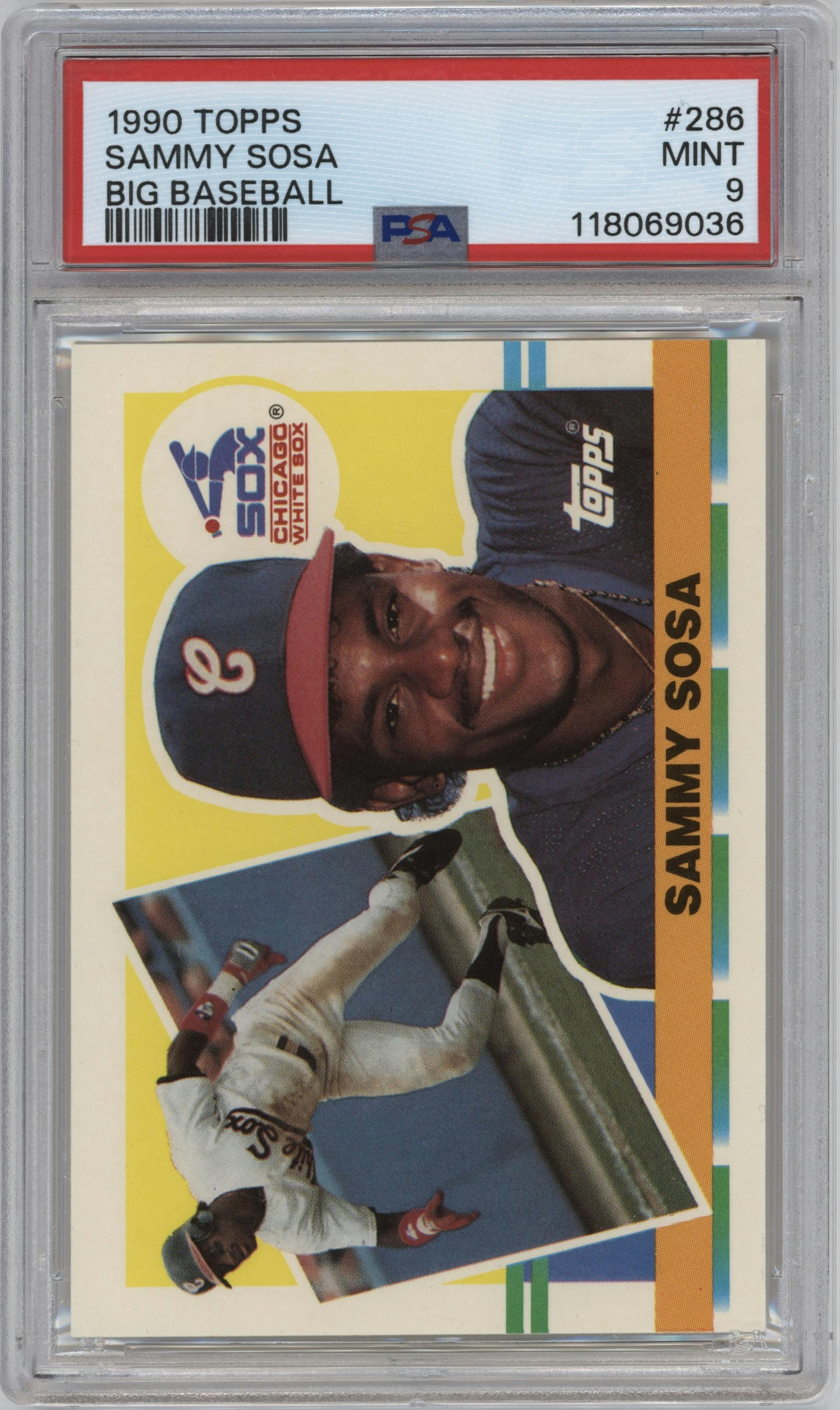 Sammy Sosa from the 1990 Topps Big set graded by PSA and given an overall grade of 9.