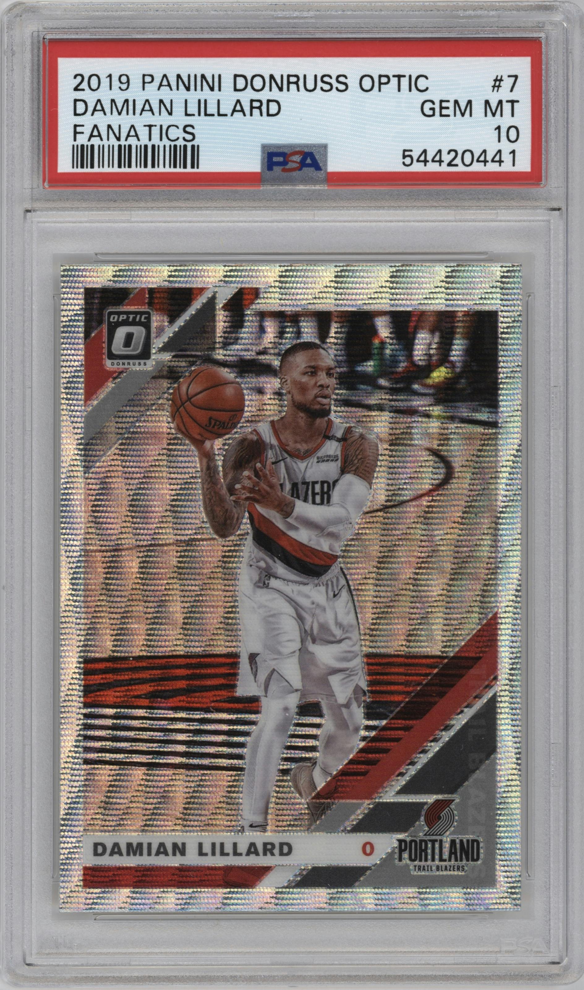 Damian Lillard from the 2019-20 Panini Donruss Optic set featuring a Fanatics Box Set parallel graded by PSA and given an overall grade of 10.