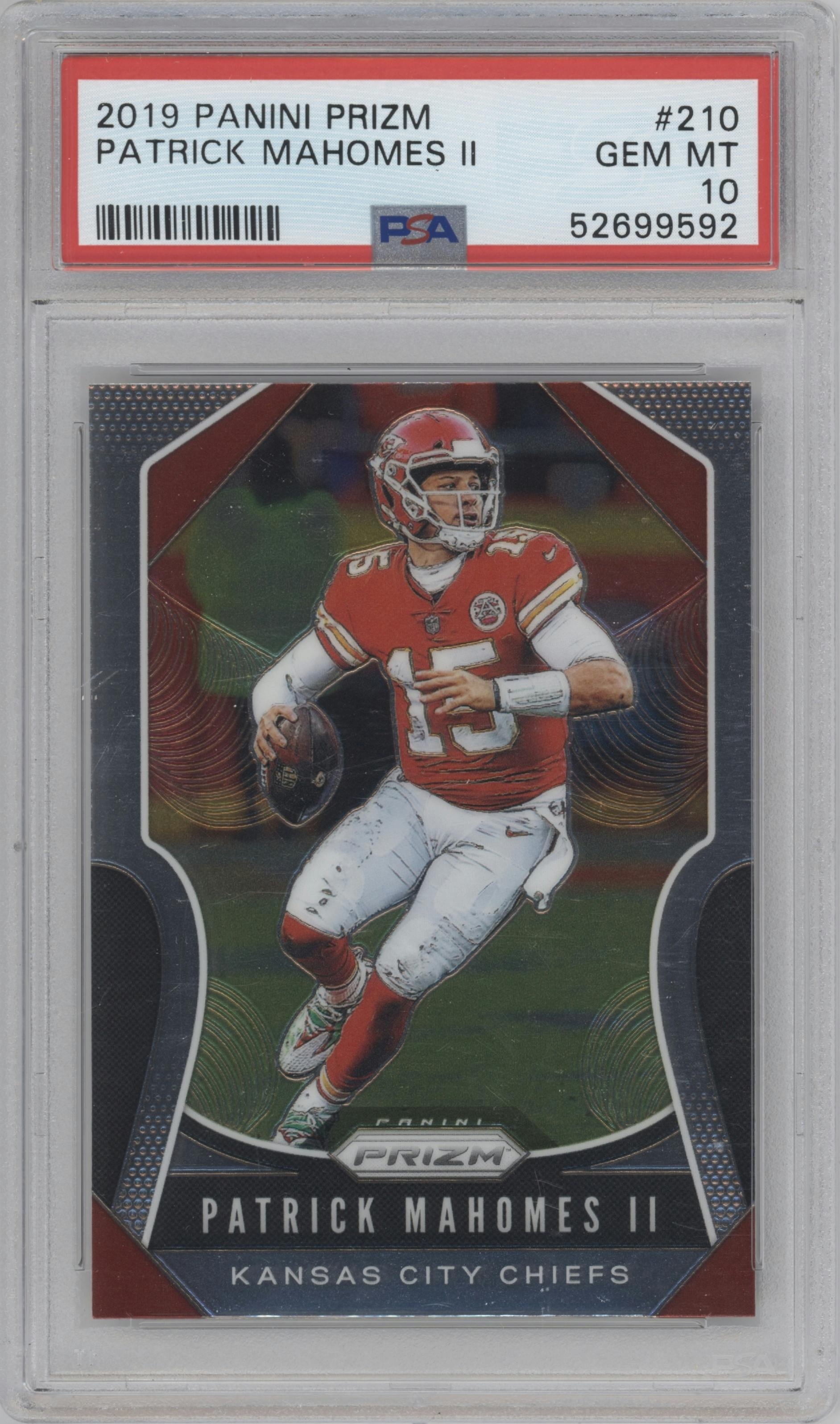 Patrick Mahomes II from the 2019 Panini Prizm set graded by PSA and given an overall grade of 10.