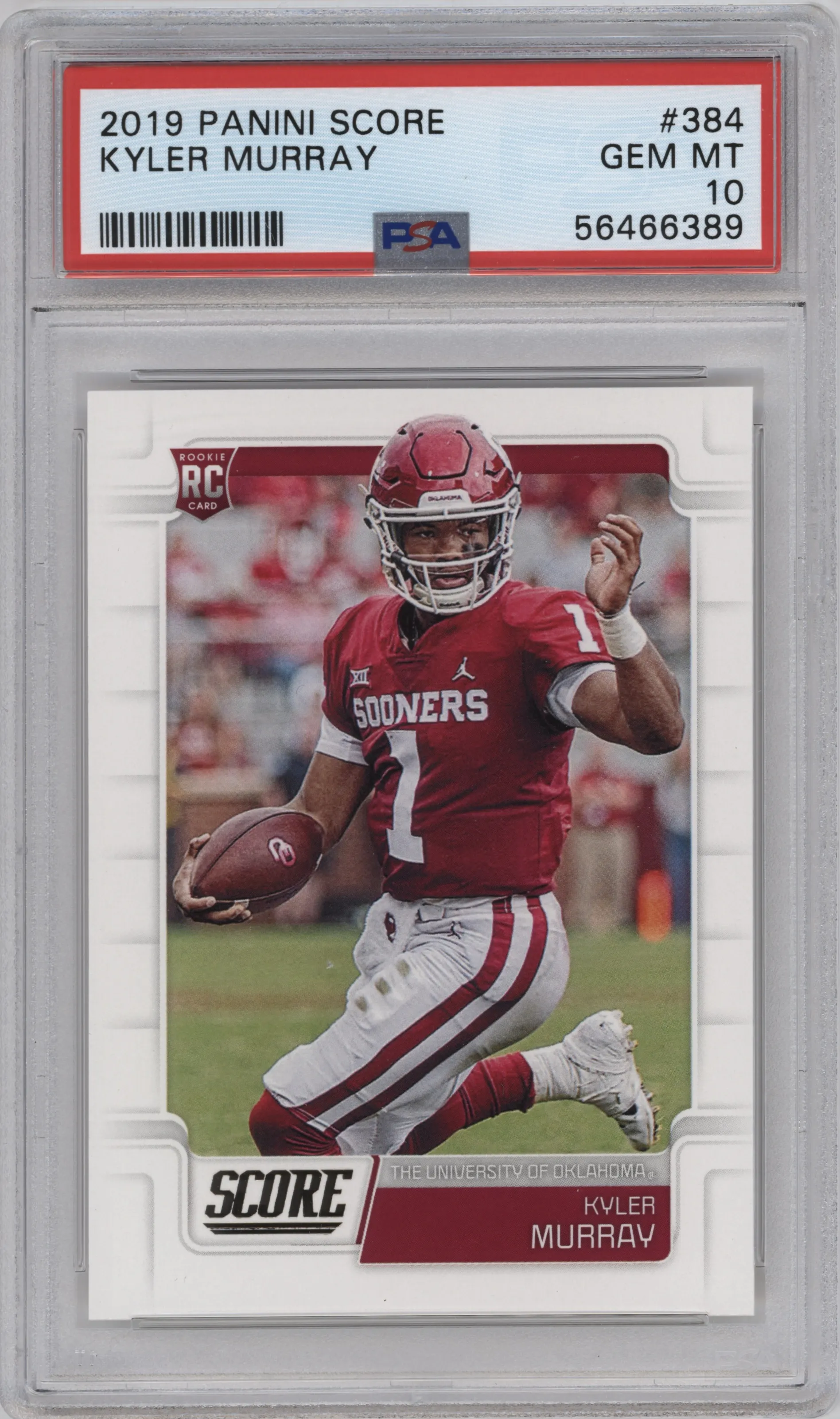 Kyler Murray from the 2019 Panini Score set graded by PSA and given an overall grade of 10.