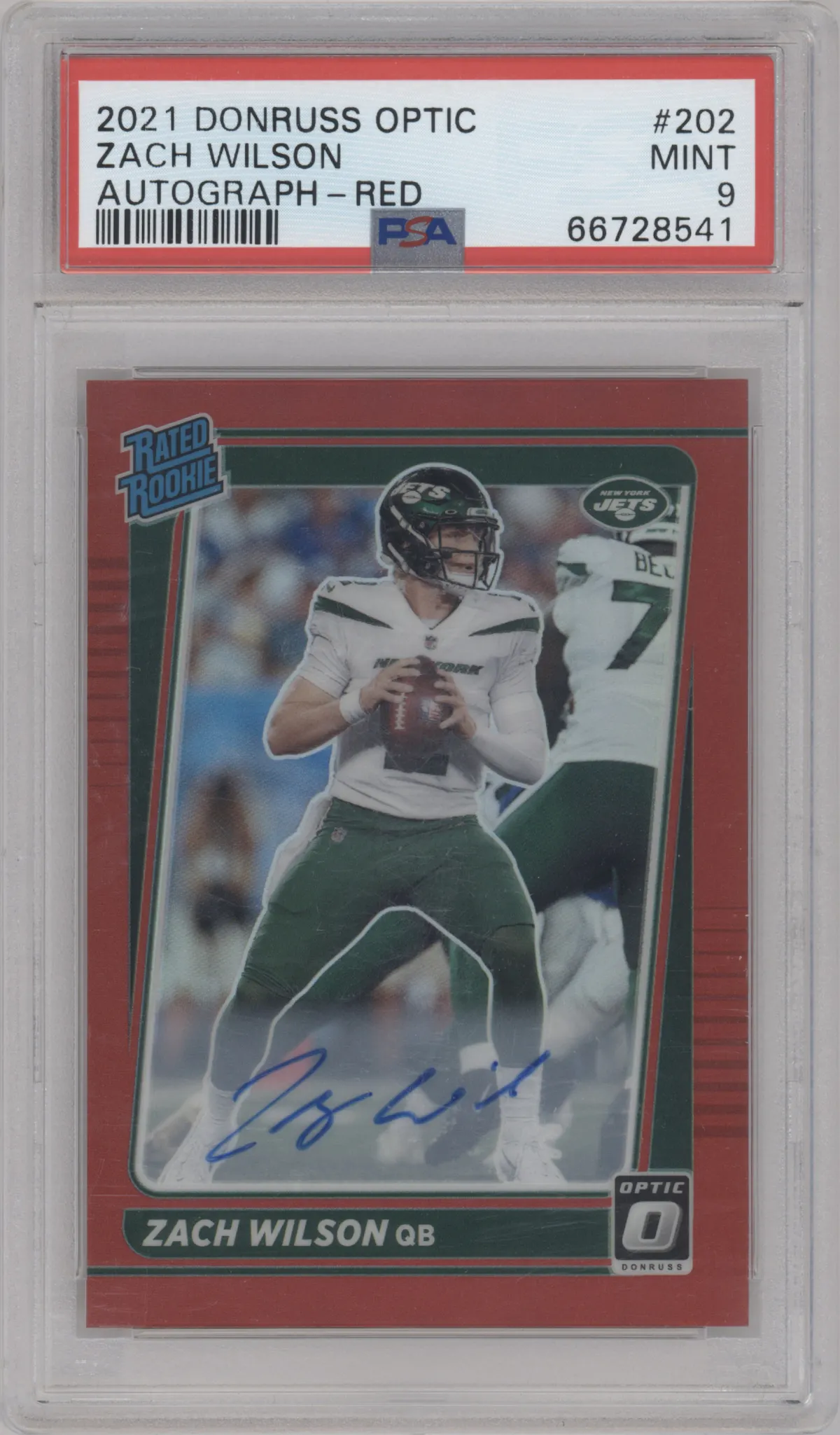 Zach Wilson from the 2021 Panini Donruss Optic set featuring a Red parallel graded by PSA and given an overall grade of 9.