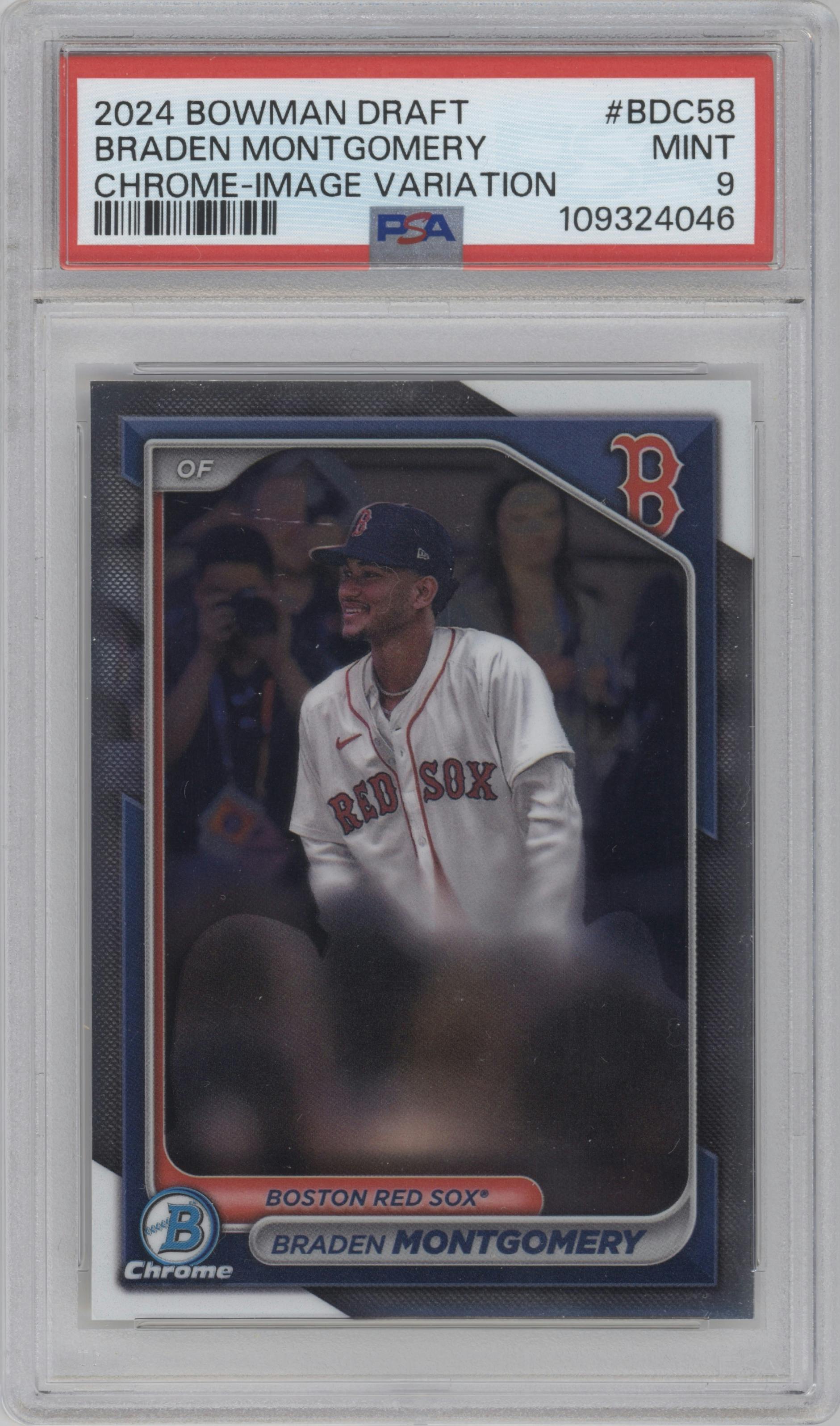 Braden Montgomery from the 2024 Bowman Draft set graded by PSA and given an overall grade of 9.
