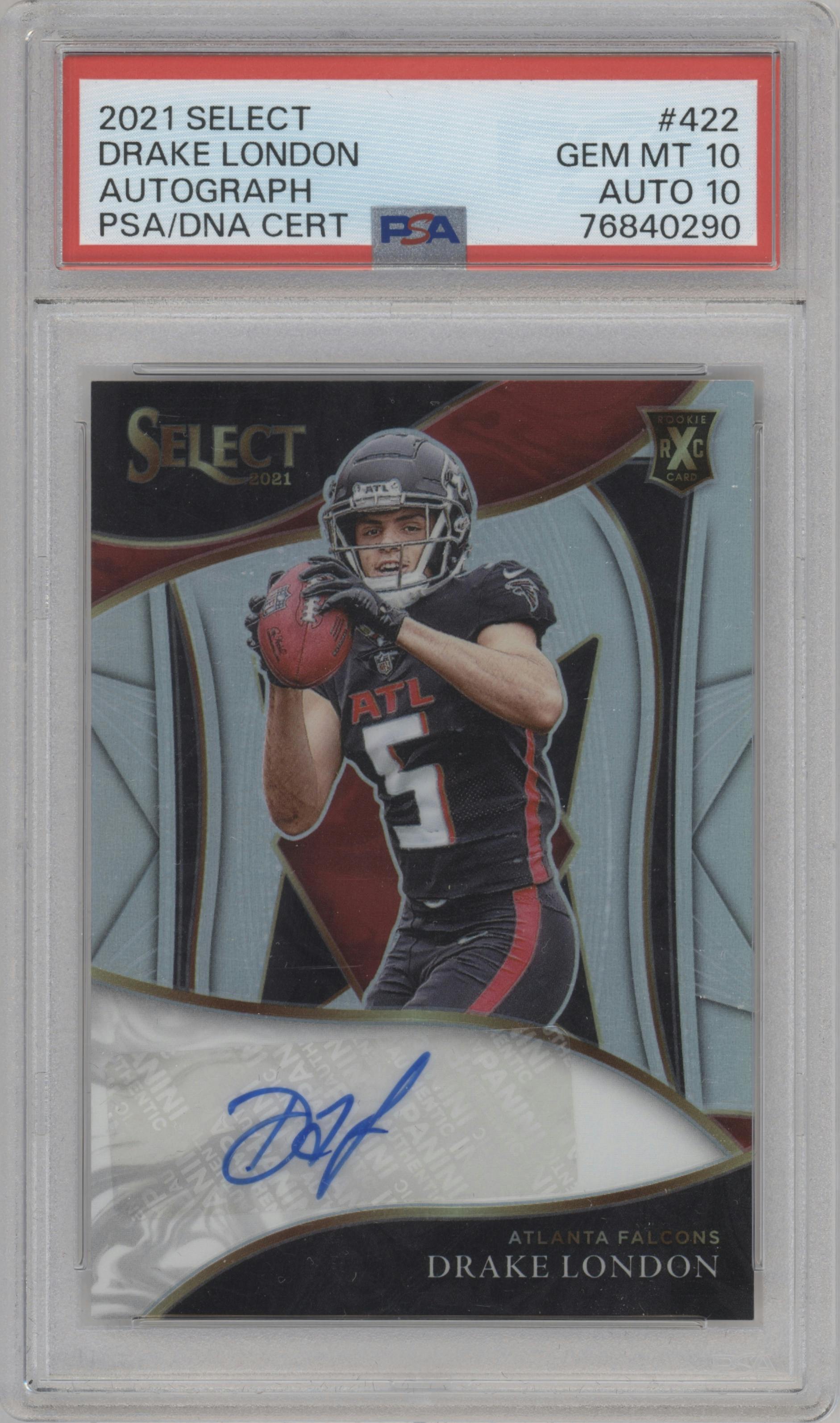 Drake London from the 2021 Panini Select set graded by PSA and given an overall grade of 10.