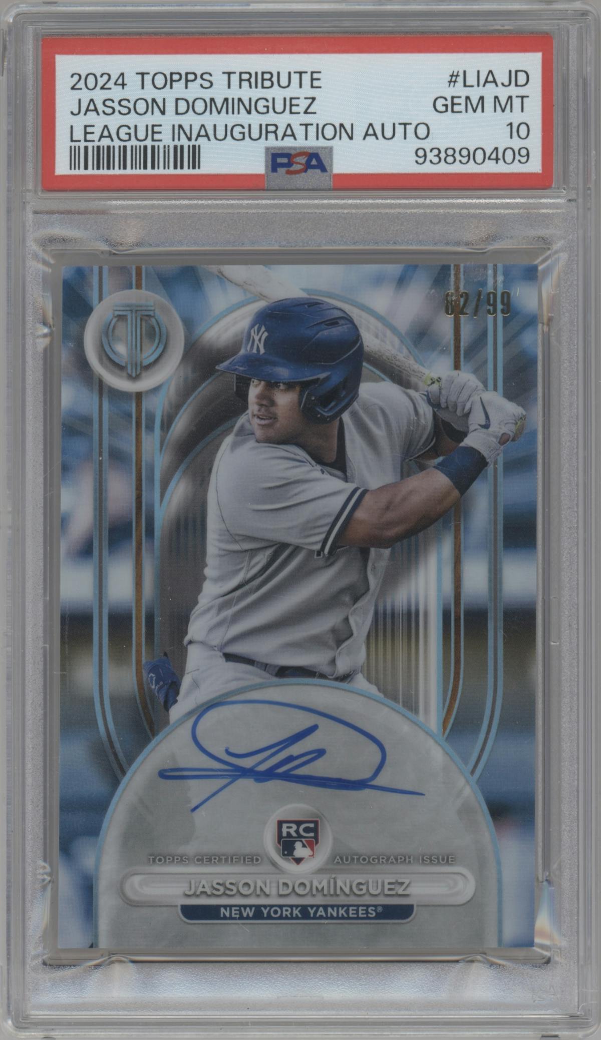 Jasson Dominguez from the 2024 Topps Tribute set graded by PSA and given an overall grade of 10.