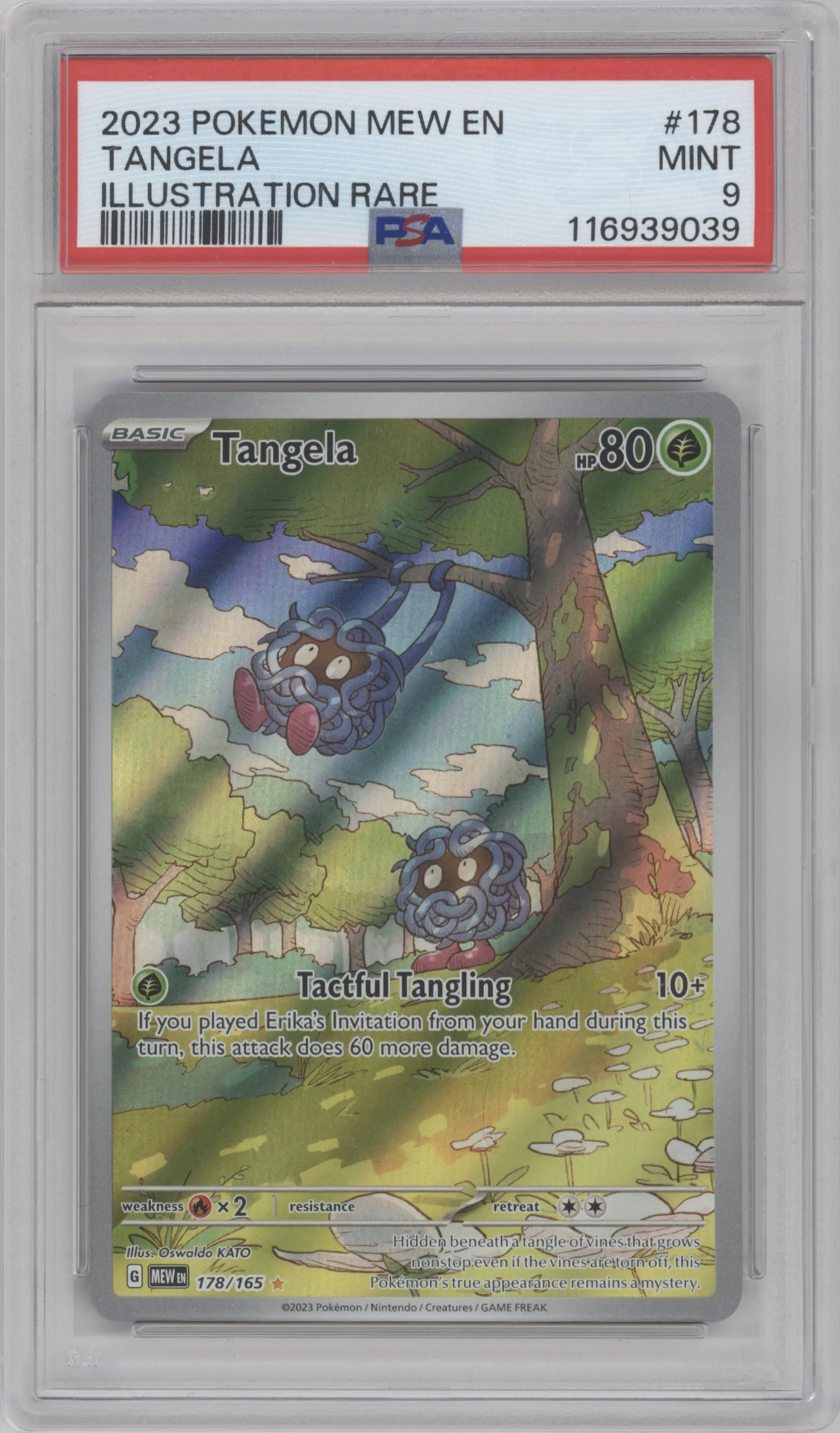 Tangela from the 2023 Pokemon SV set graded by PSA and given an overall grade of 9.