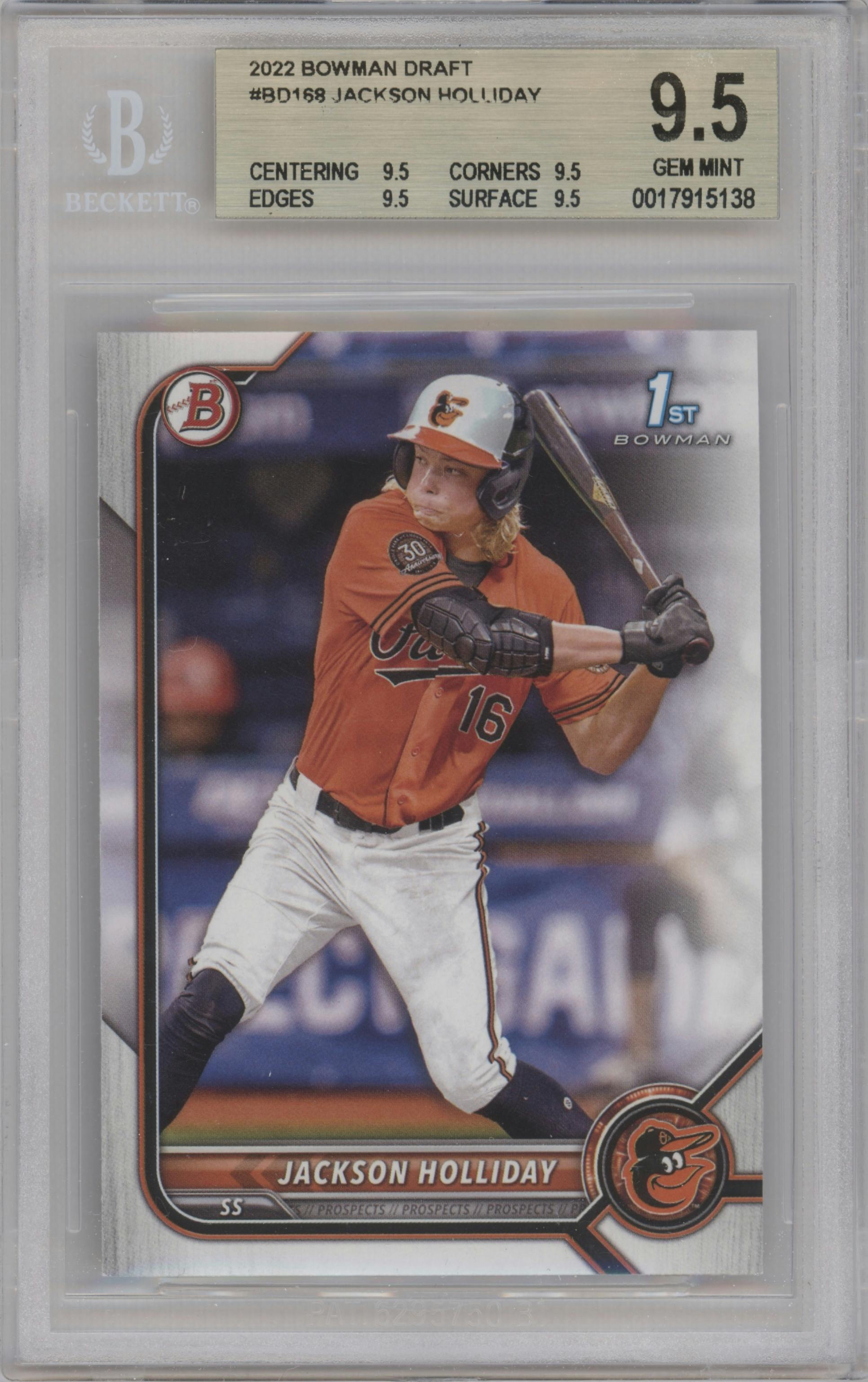 Jackson Holliday from the 2022 Bowman Draft set graded by Beckett and given an overall grade of 9.5.