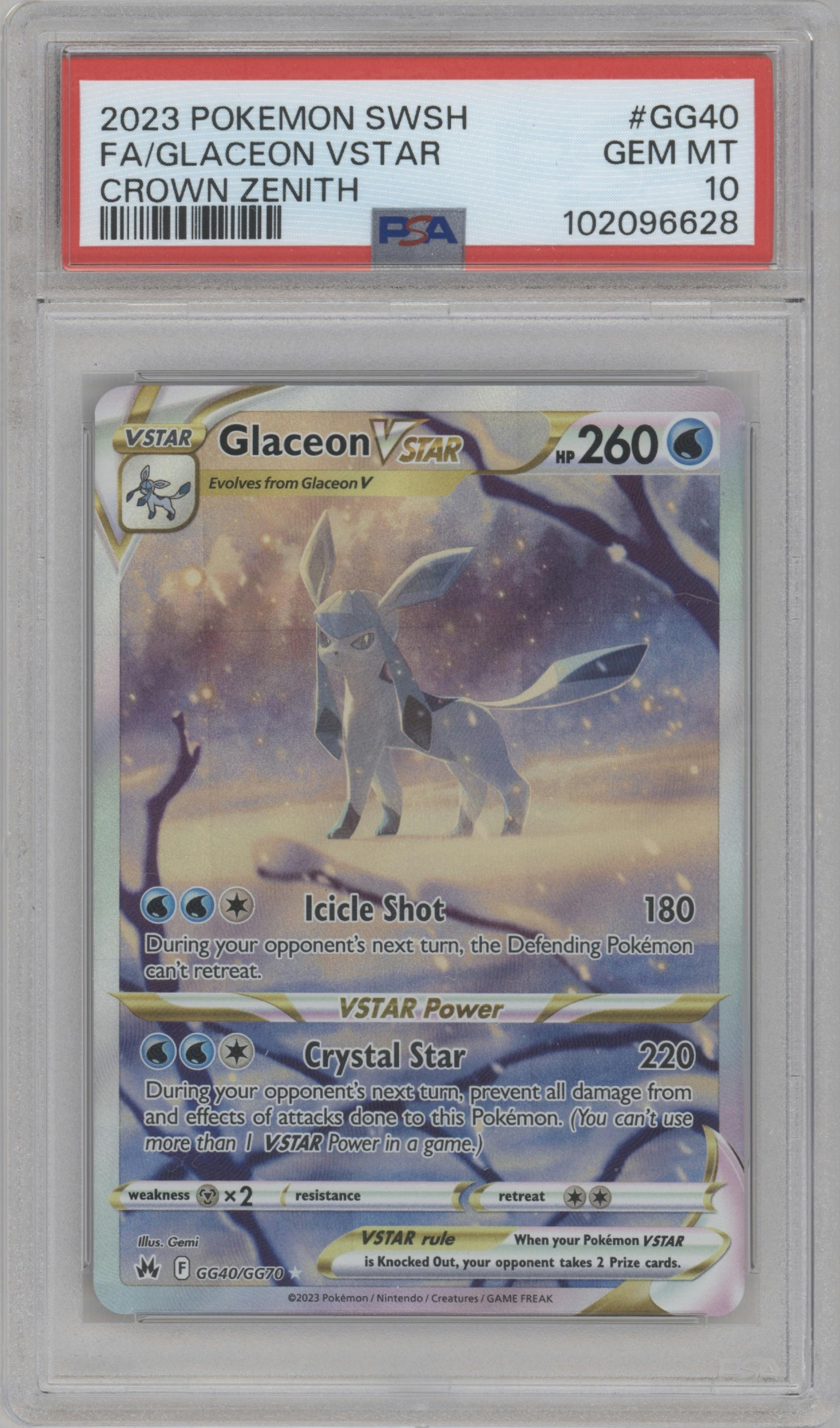 Glaceon Vstar from the 2023 Pokemon SWSH set graded by PSA and given an overall grade of 10.