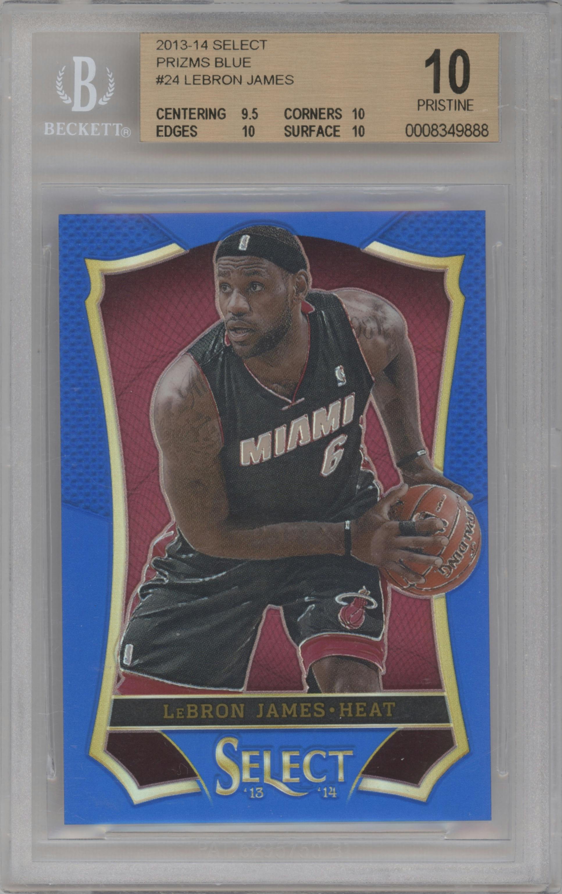 LeBron James from the 2013-14 Panini Select set featuring a Blue Prizm parallel graded by Beckett and given an overall grade of 10.