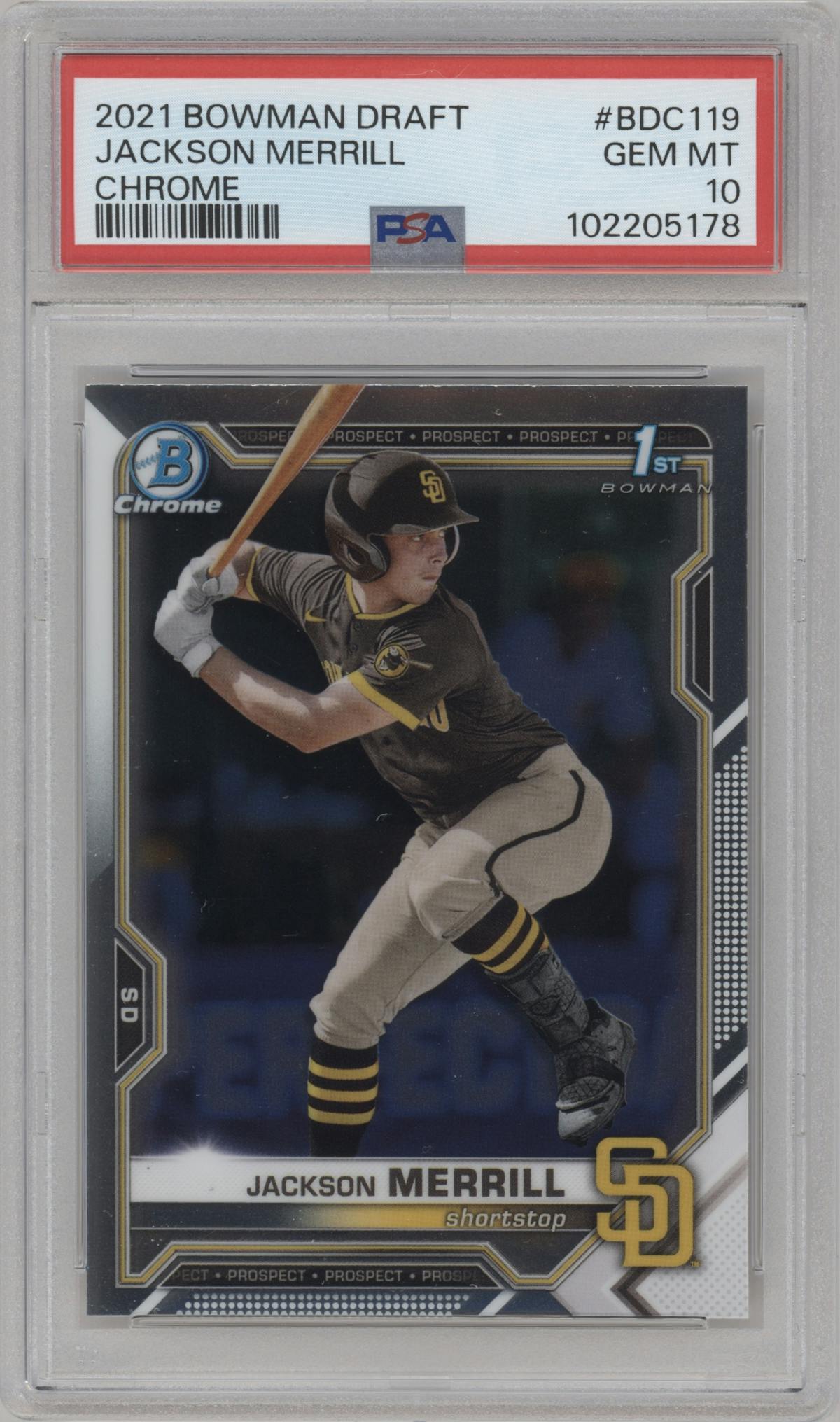 Jackson Merrill from the 2021 Bowman Draft set graded by PSA and given an overall grade of 10.