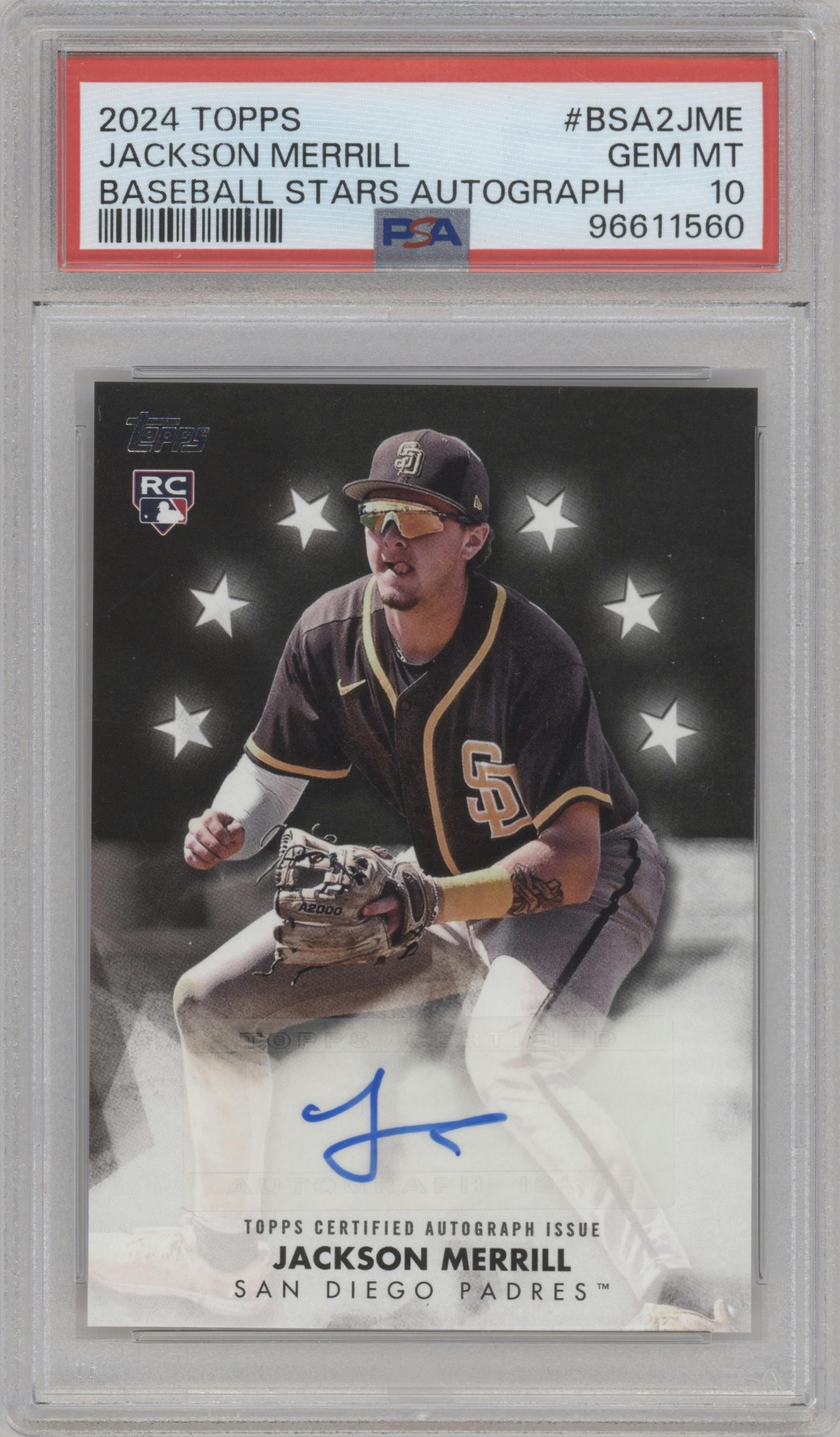 Jackson Merrill from the 2024 Topps  set graded by PSA and given an overall grade of 10.