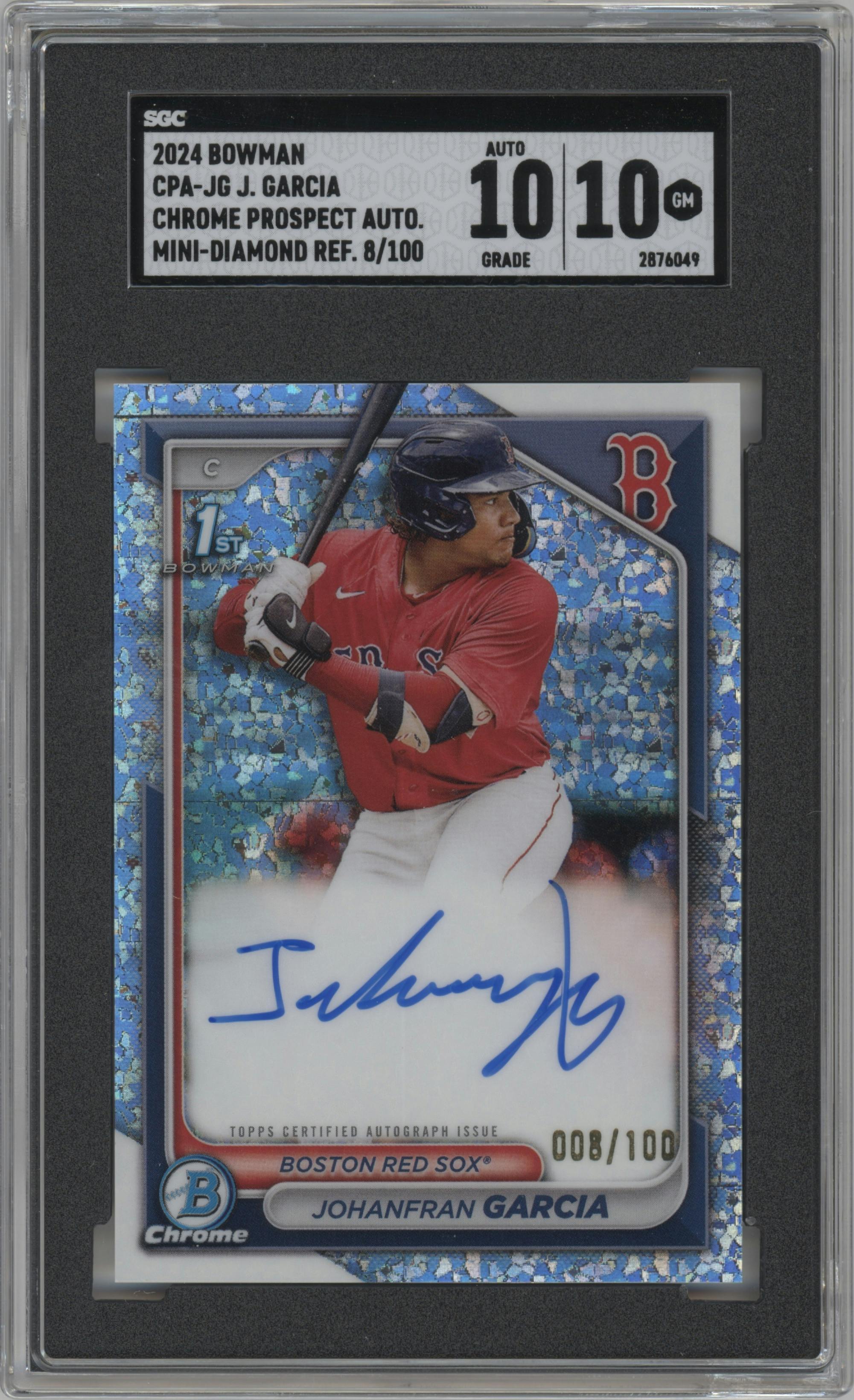 Johanfran Garcia from the 2024 Bowman set featuring a Mini-Diamond Refractor parallel graded by SGC and given an overall grade of 10.