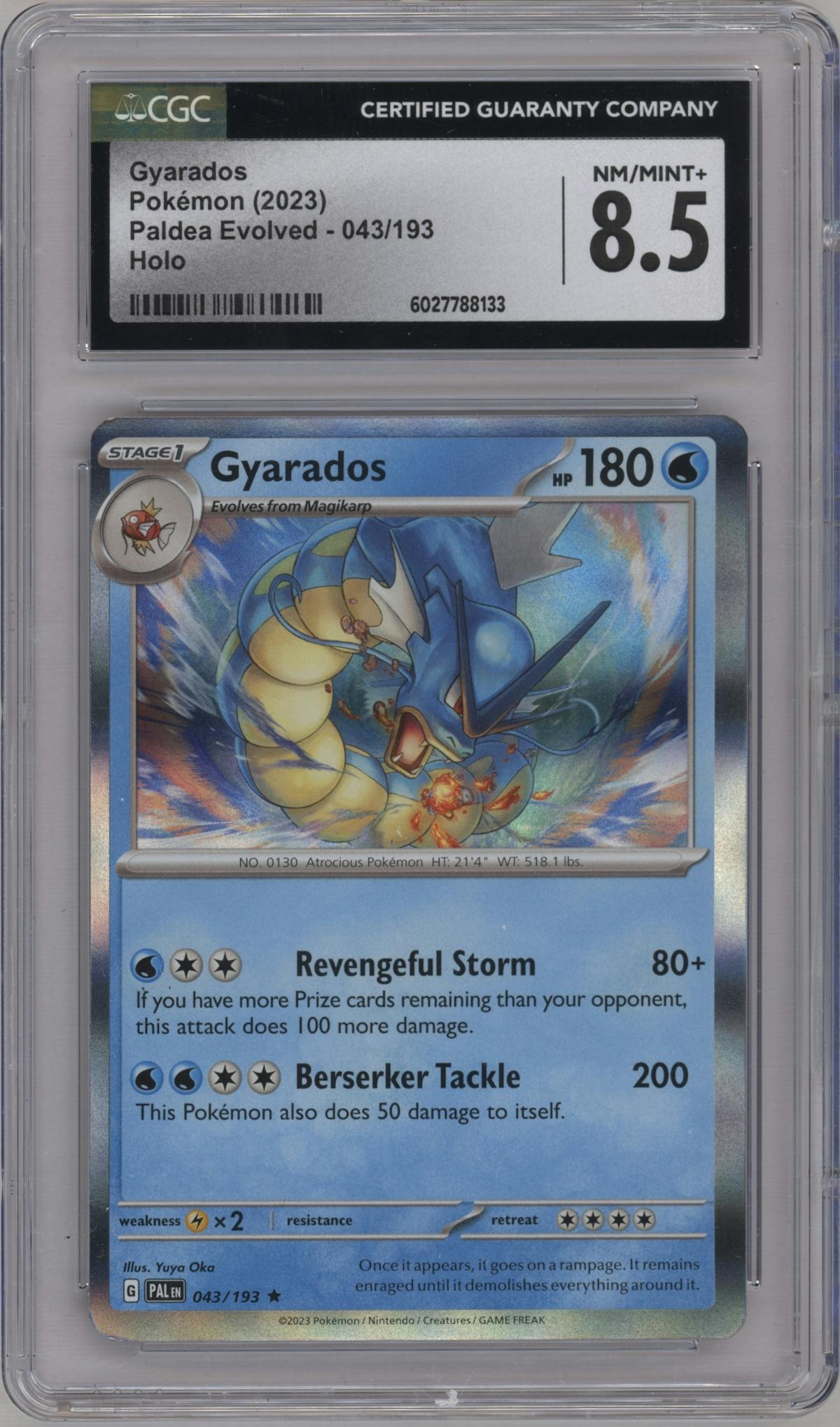 Gyarados from the 2023 Pokemon SV set graded by CSG and given an overall grade of 8.5.