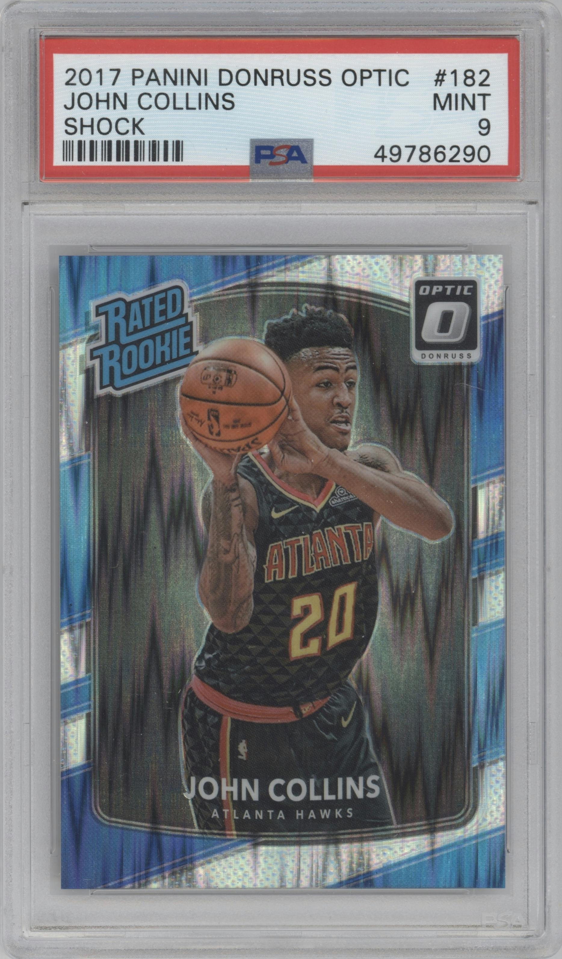 John Collins from the 2017-18 Panini Donruss Optic set featuring a Shock parallel graded by PSA and given an overall grade of 9.