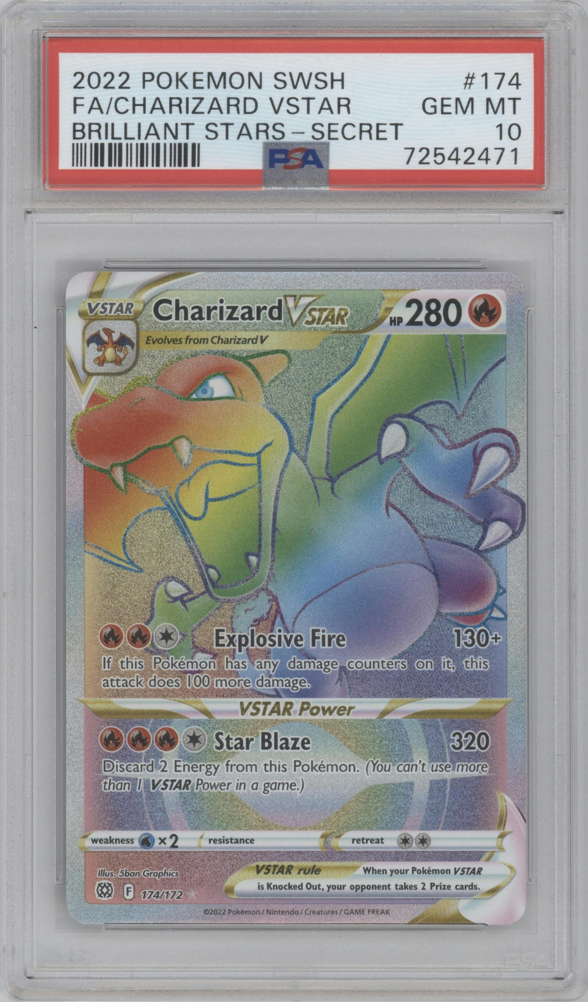 Charizard VSTAR from the 2022 Pokemon SWSH set graded by PSA and given an overall grade of 10.
