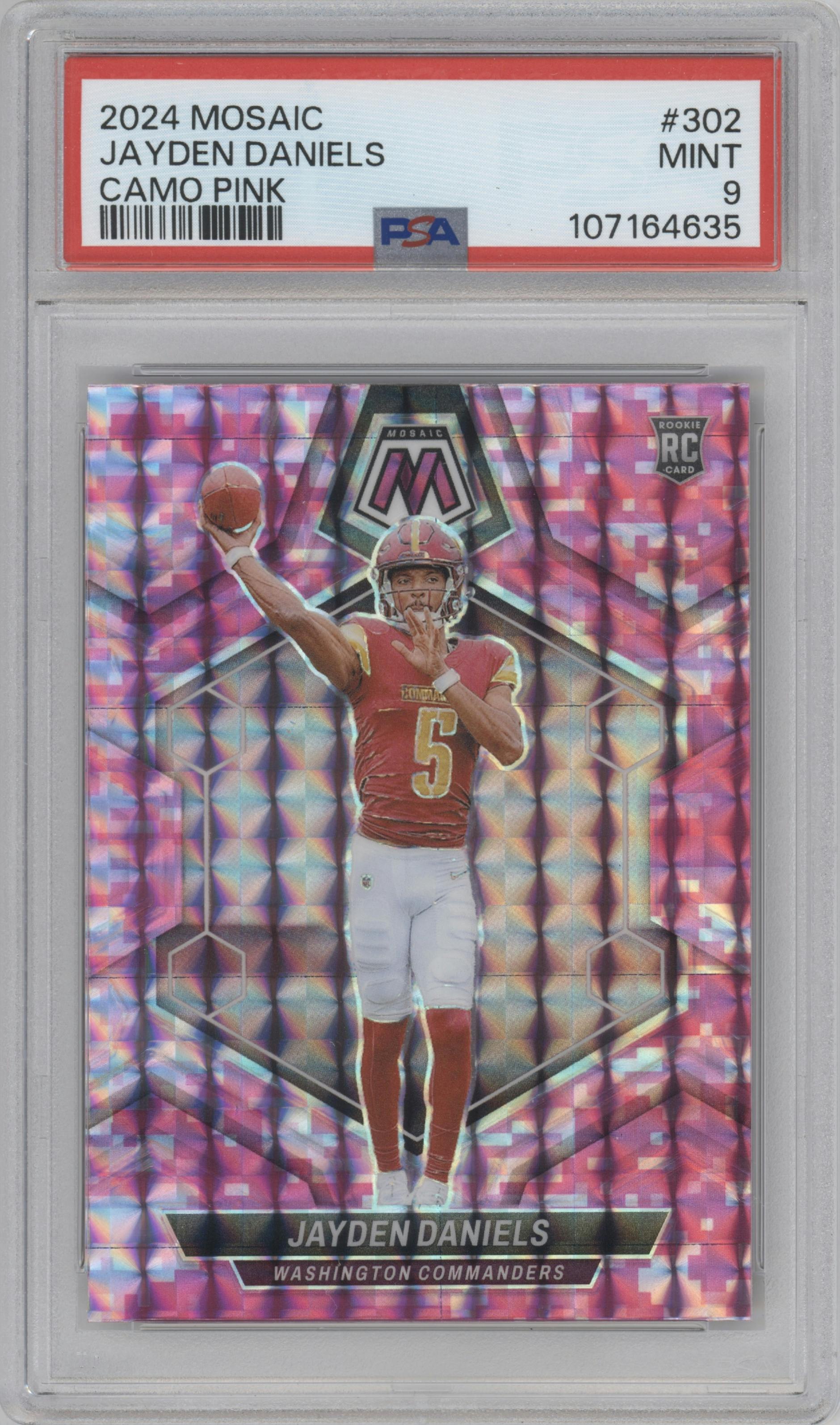 Jayden Daniels from the 2024 Panini Mosaic set featuring a Pink Camo parallel graded by PSA and given an overall grade of 9.