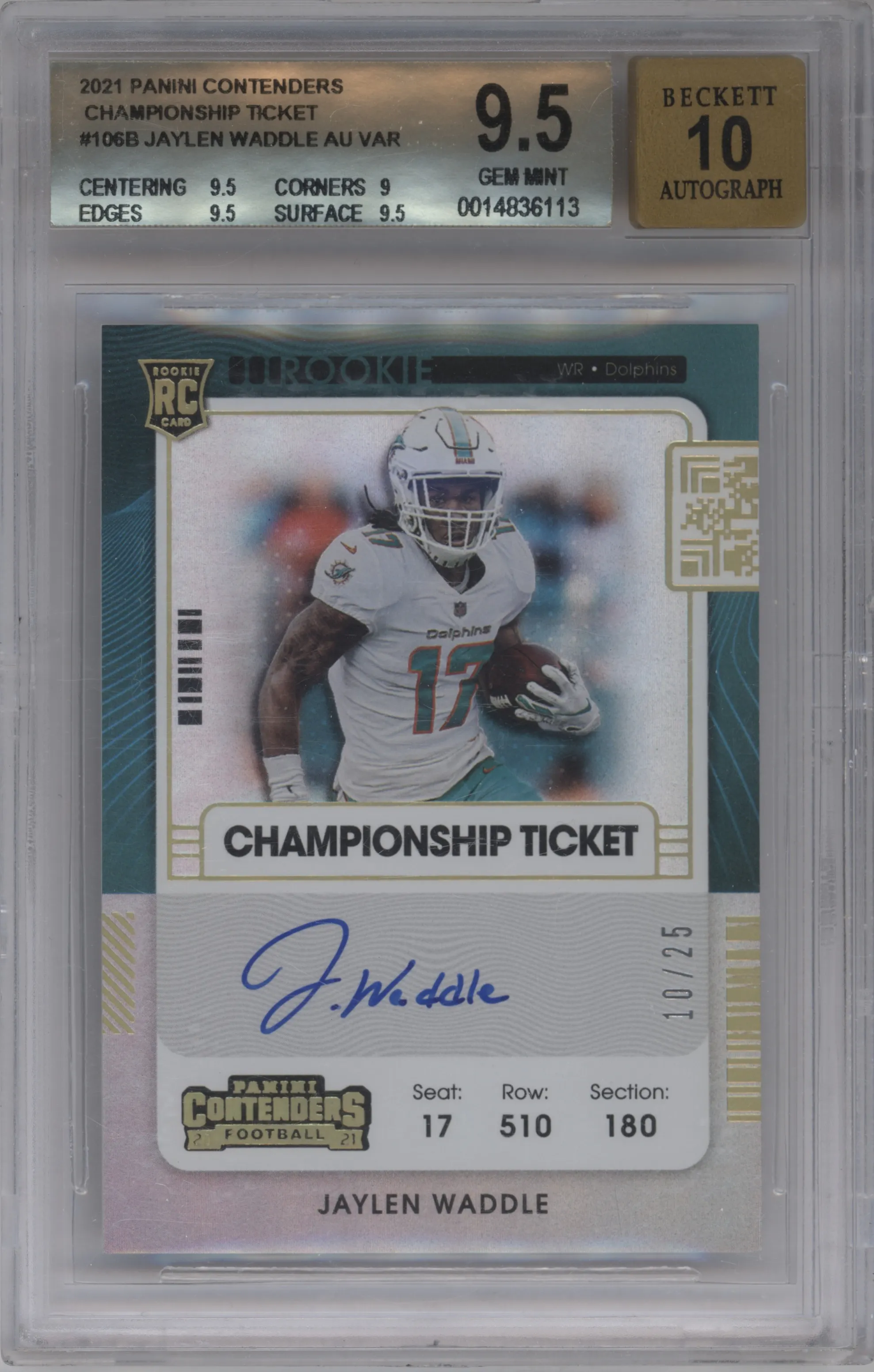 2021 Panini Contenders Rke.Tkt.Var.RPS Jaylen Waddle Championship Ticket BGS 9.5