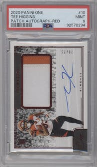 Tee Higgins from the 2020 Panini One set featuring a Red parallel graded by PSA and given an overall grade of 9.