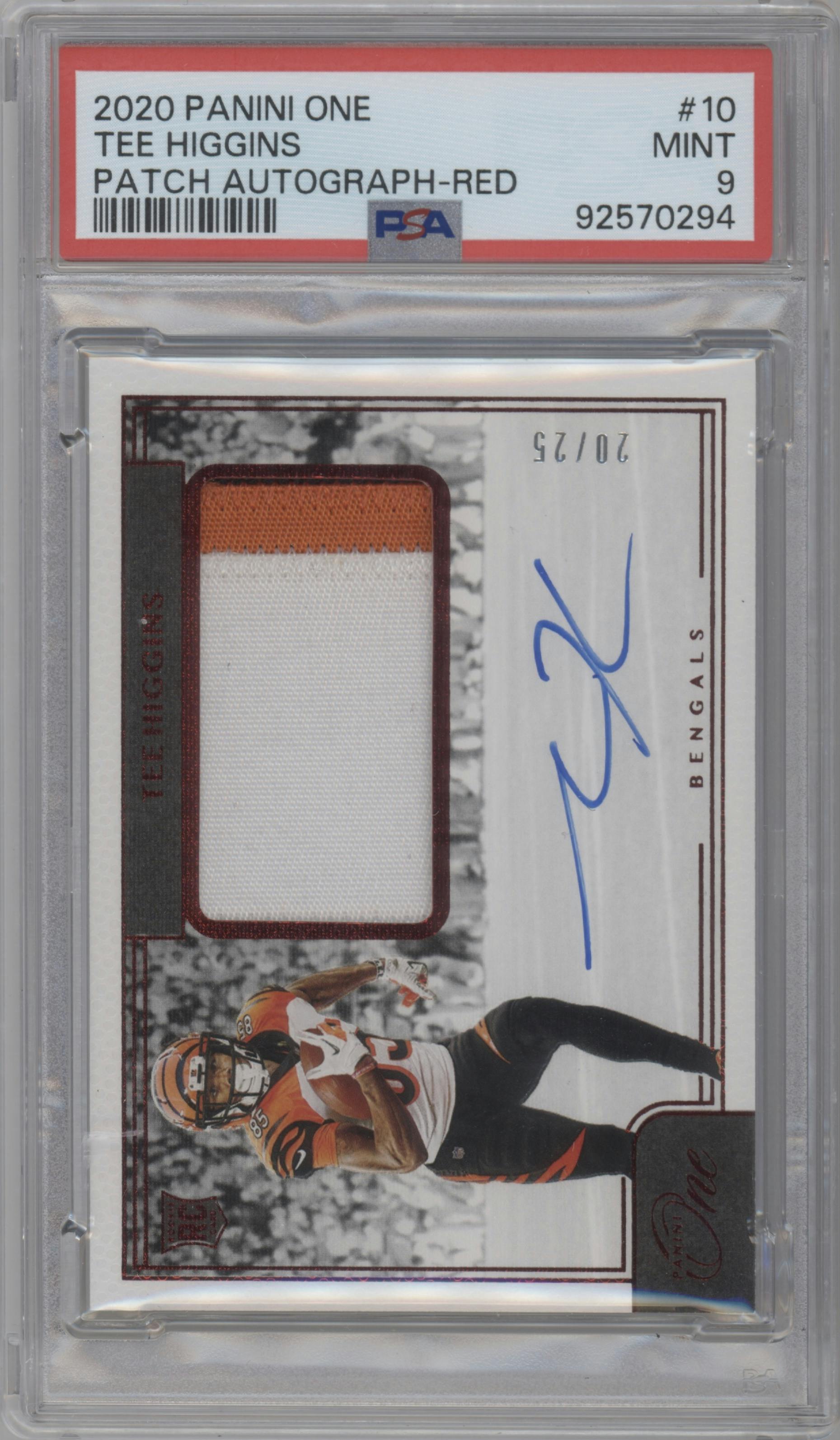 Tee Higgins from the 2020 Panini One set featuring a Red parallel graded by PSA and given an overall grade of 9.