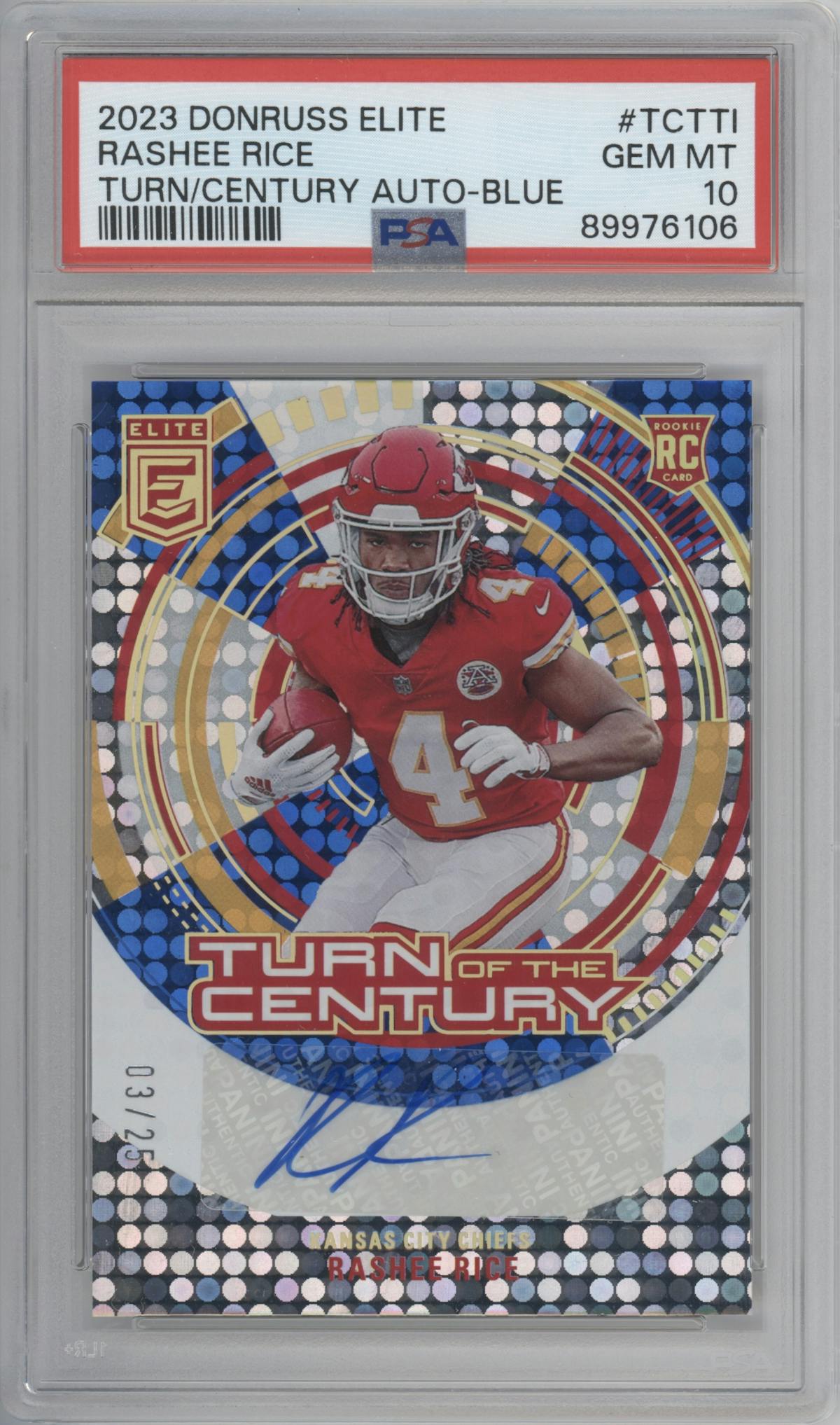 Rashee Rice from the 2023 Donruss Elite set featuring a Blue parallel graded by PSA and given an overall grade of 10.