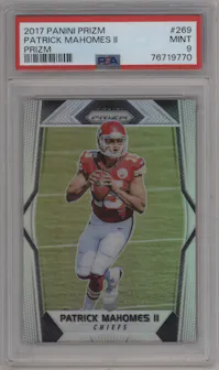 Patrick Mahomes II from the 2017 Panini Prizm set featuring a Prizm parallel graded by PSA and given an overall grade of 9.