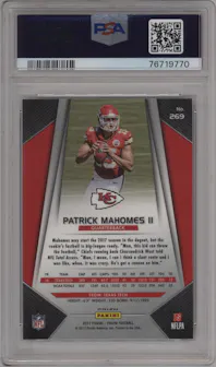 Patrick Mahomes II from the 2017 Panini Prizm set featuring a Prizm parallel graded by PSA and given an overall grade of 9.