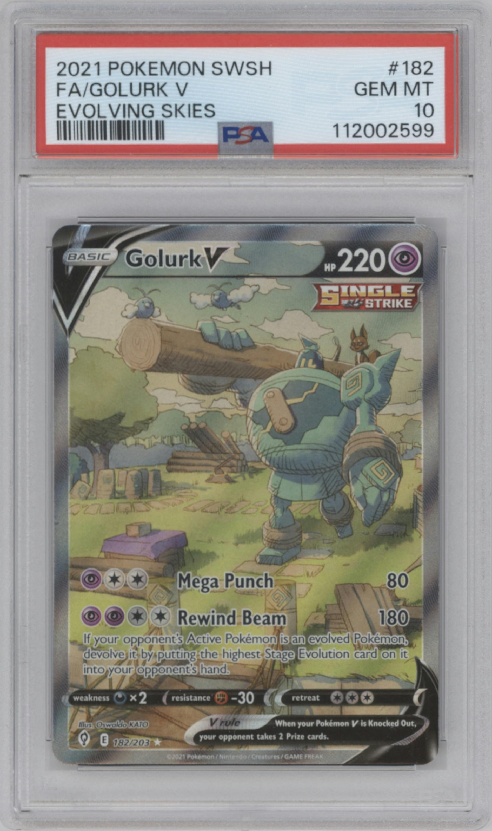 Golurk V from the 2021 Pokemon SWSH set graded by PSA and given an overall grade of 10.