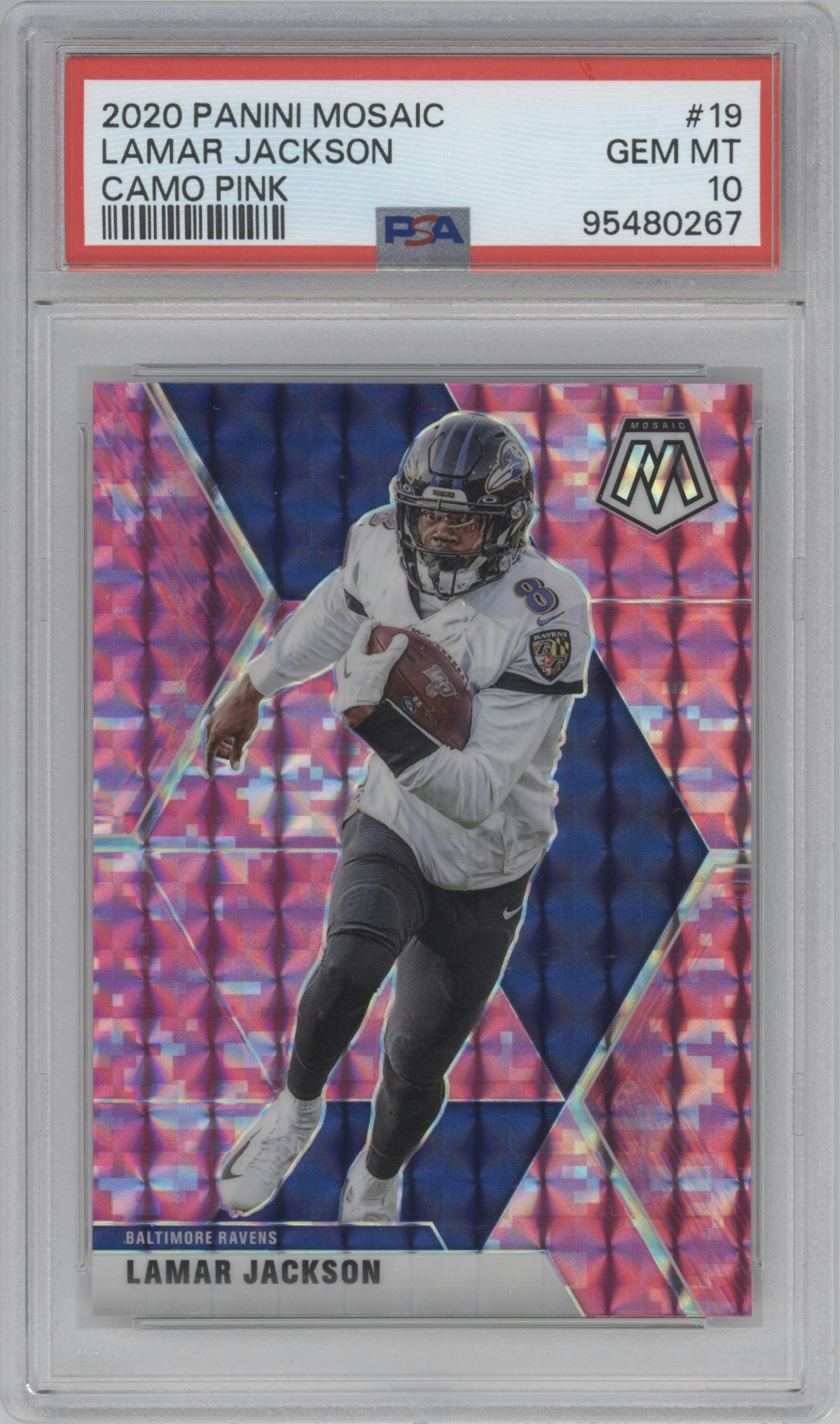 Lamar Jackson from the 2020 Panini Mosaic set featuring a Pink Camo parallel graded by PSA and given an overall grade of 10.