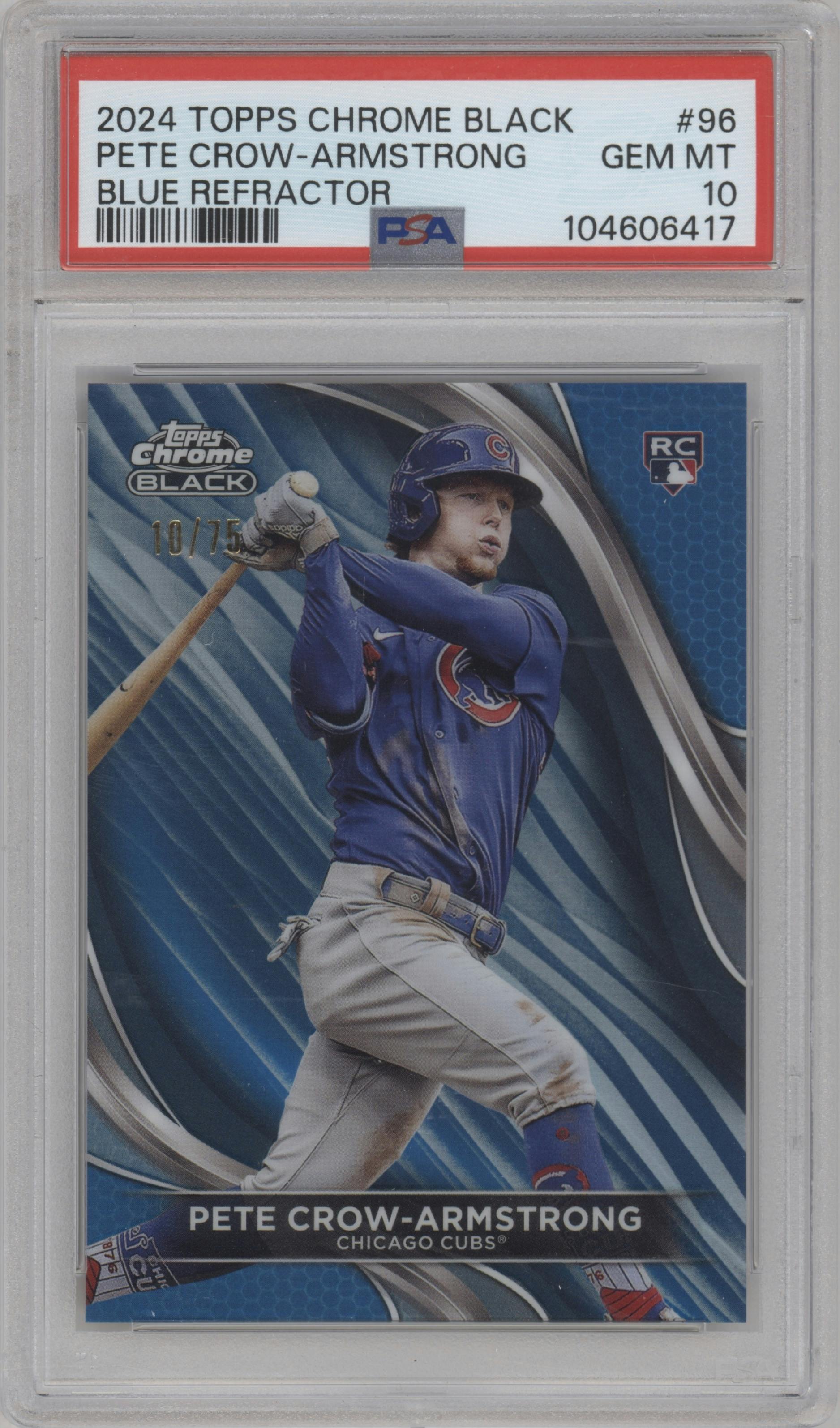 Pete Crow-Armstrong from the  2024 Topps Chrome Black set featuring a Blue Refractor parallel graded by PSA and given an overall grade of 10.
