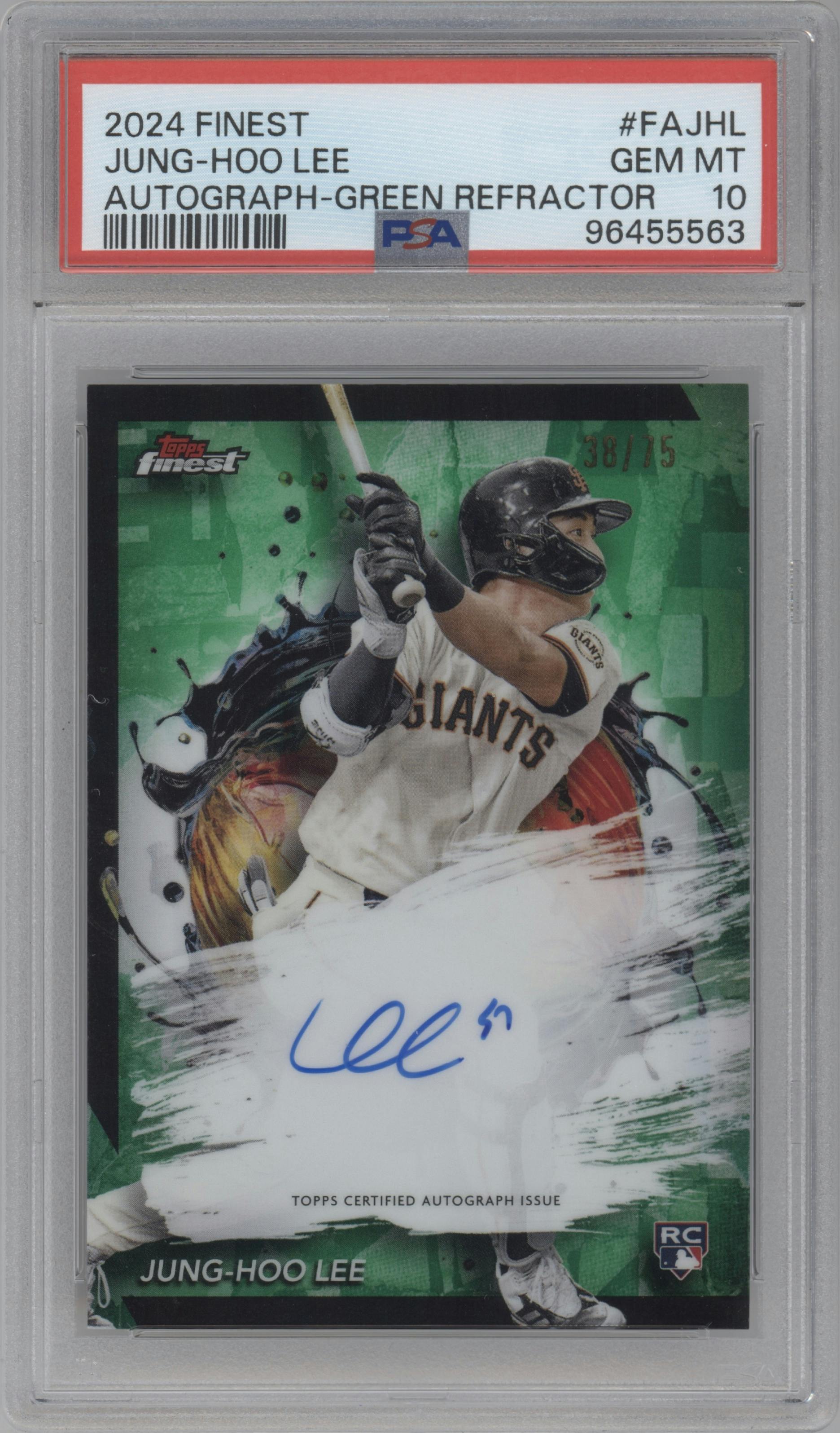 Jung-Hoo Lee from the 2024 Topps Finest set featuring a Green Refractor parallel graded by PSA and given an overall grade of 10.