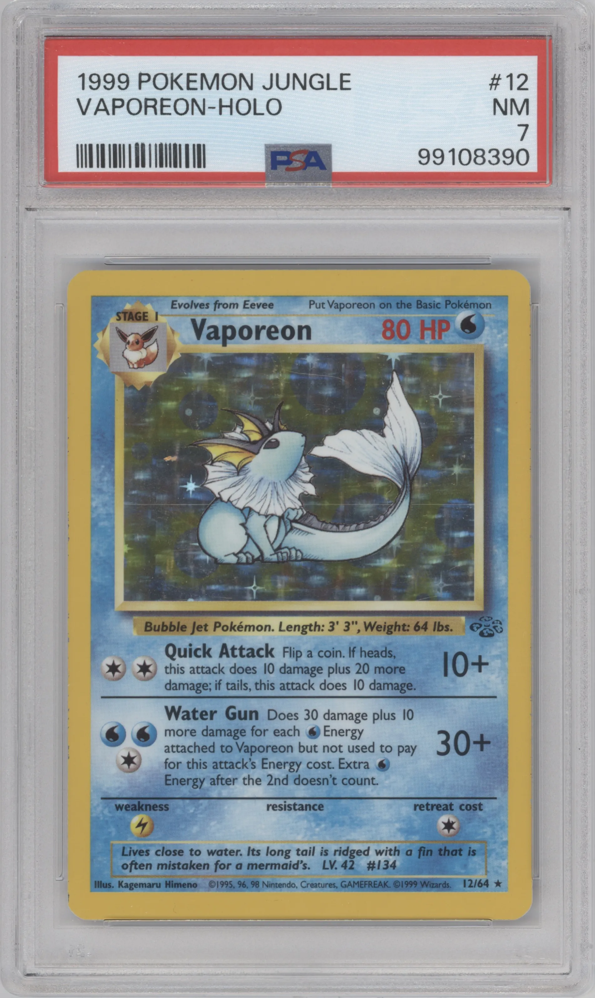Vaporeon from the 1999 Pokemon set graded by PSA and given an overall grade of 7.