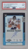 Justin Fields from the 2021 Panini Contenders Optic set featuring a Teal parallel graded by PSA and given an overall grade of 9.