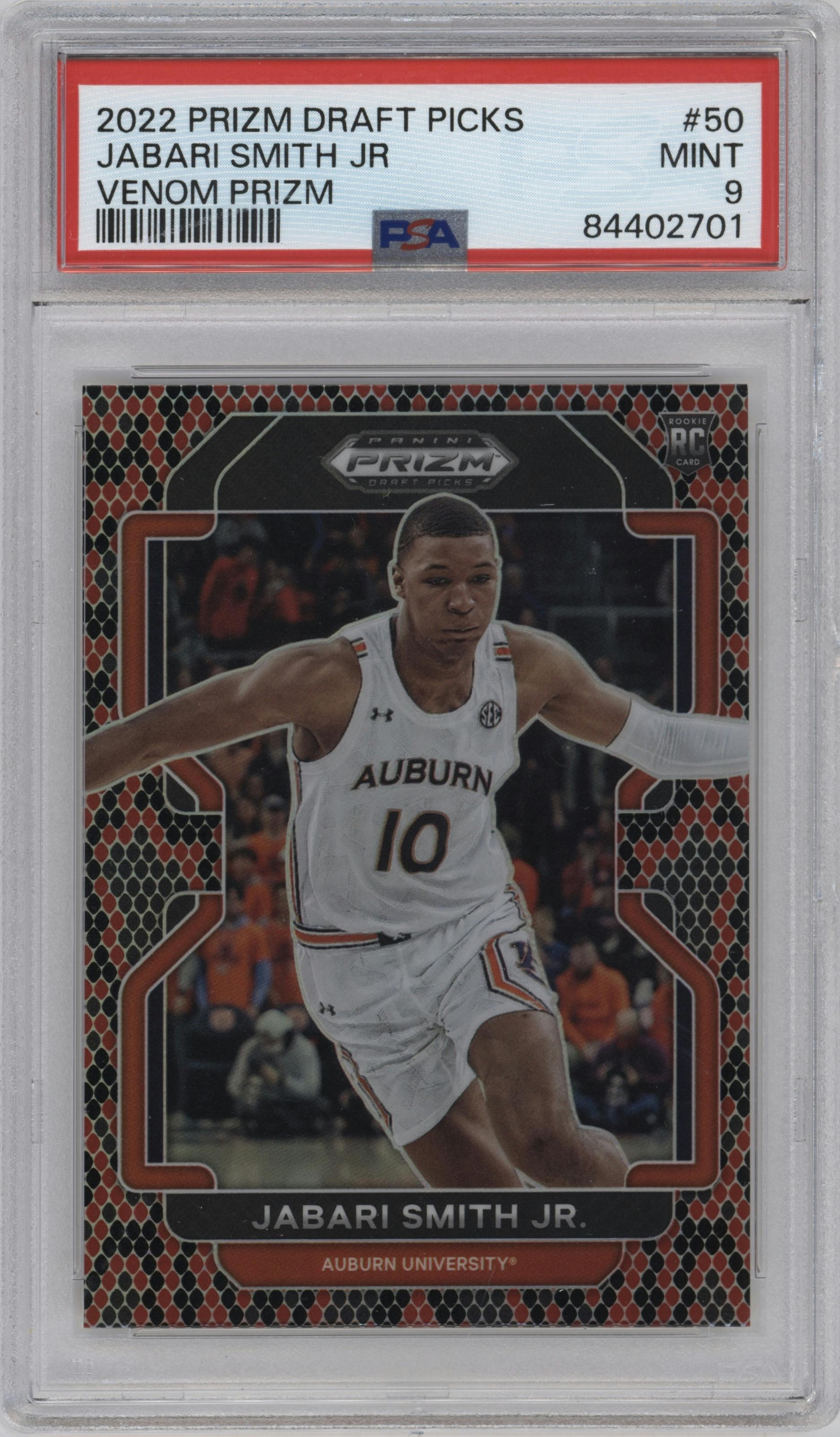 Jabari Smith Jr. from the 2022-23 Panini Prizm Draft Picks set featuring a Venom parallel graded by PSA and given an overall grade of 9.