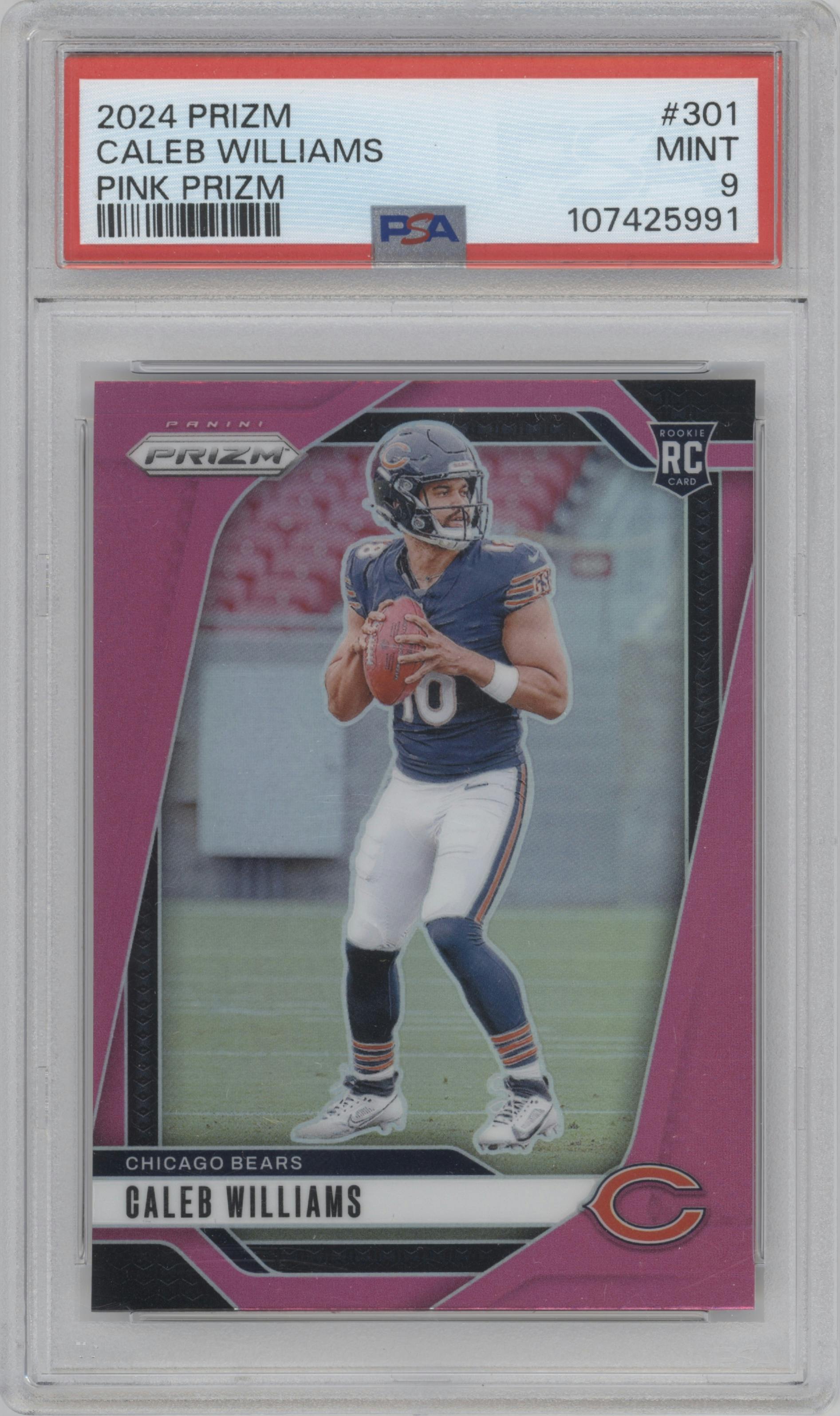 Caleb Williams from the 2024 Panini Prizm set featuring a Pink Prizm parallel graded by PSA and given an overall grade of 9.