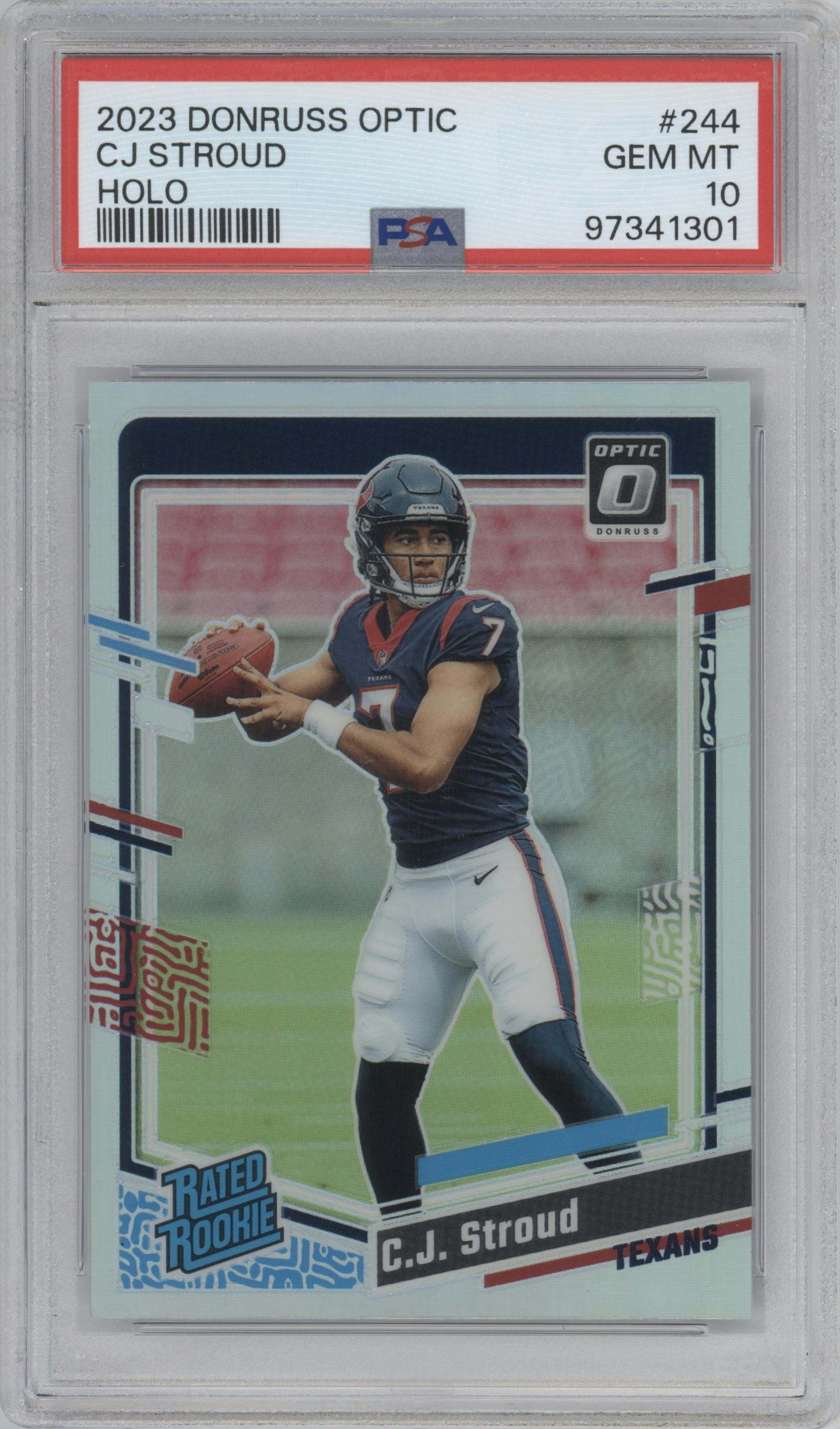 C.J. Stroud from the 2023 Donruss Optic set featuring a Holo parallel graded by PSA and given an overall grade of 10.