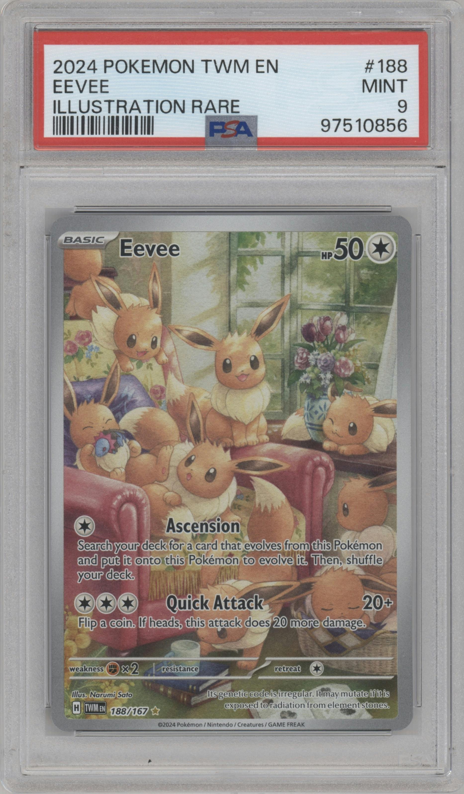 Eevee from the 2024 Pokemon SV set graded by PSA and given an overall grade of 9.
