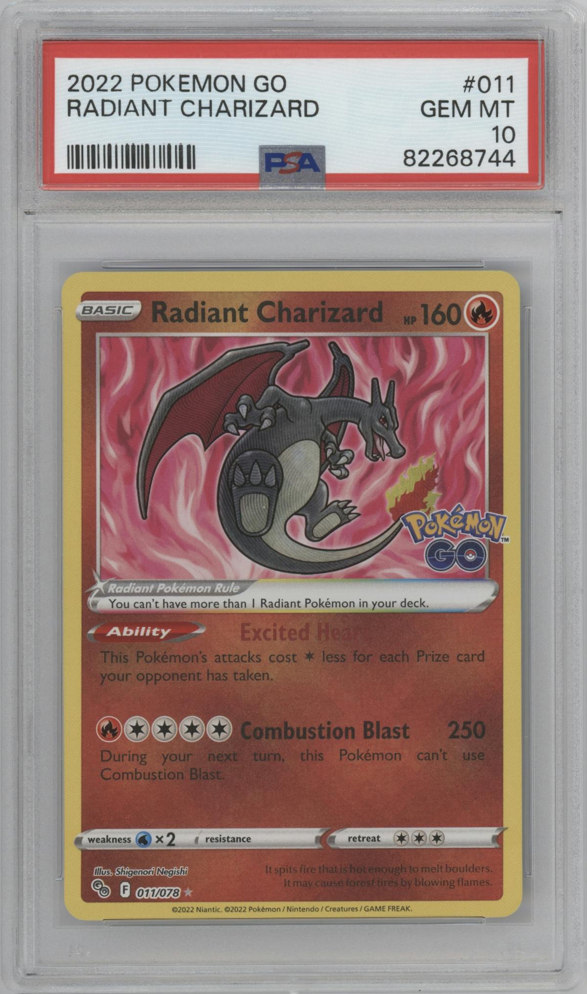 Radiant Charizard from the 2022 Pokemon SWSH set graded by PSA and given an overall grade of 10.