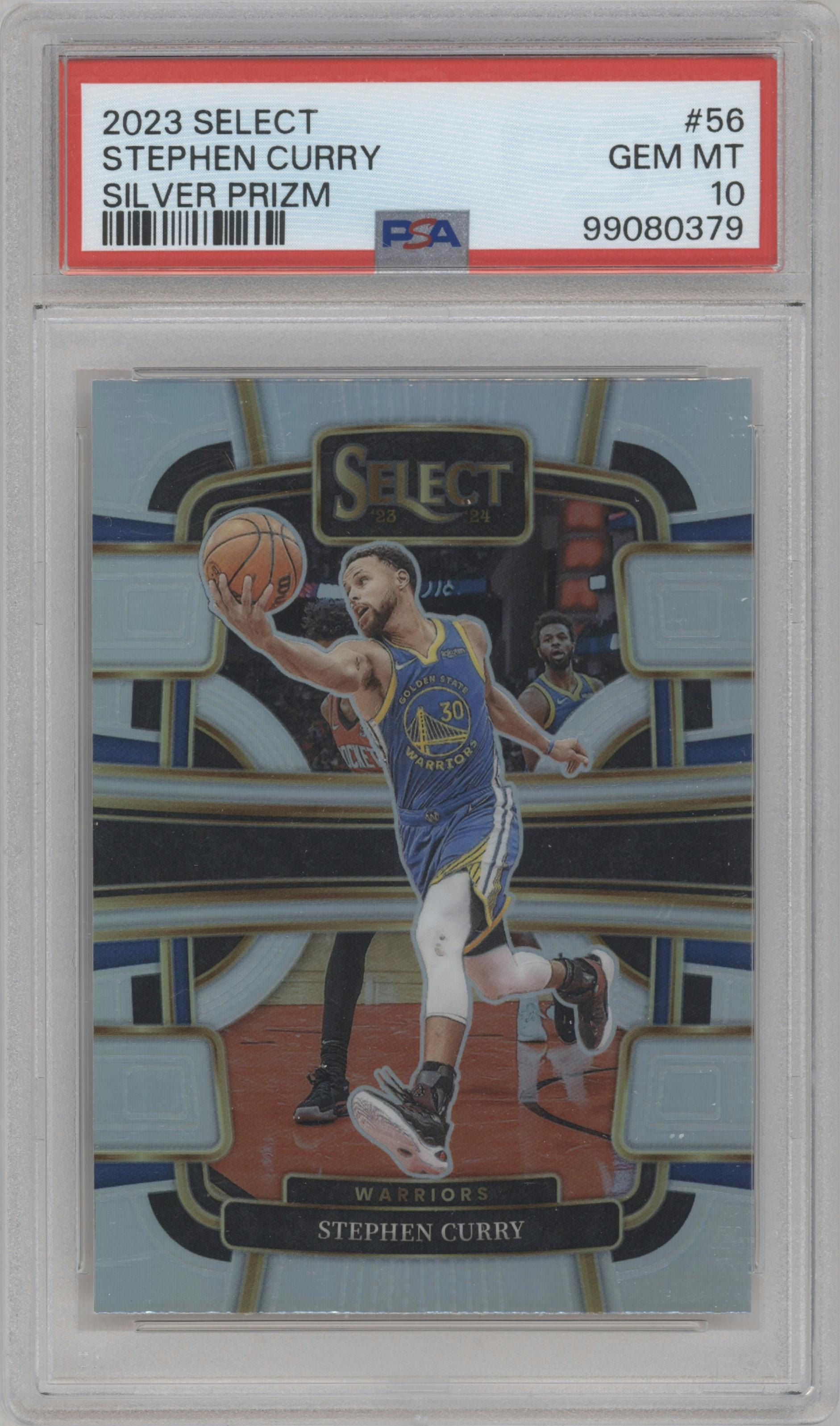 Stephen Curry from the 2023-24 Panini Select  set featuring a Silver Prizm parallel graded by PSA and given an overall grade of 10.