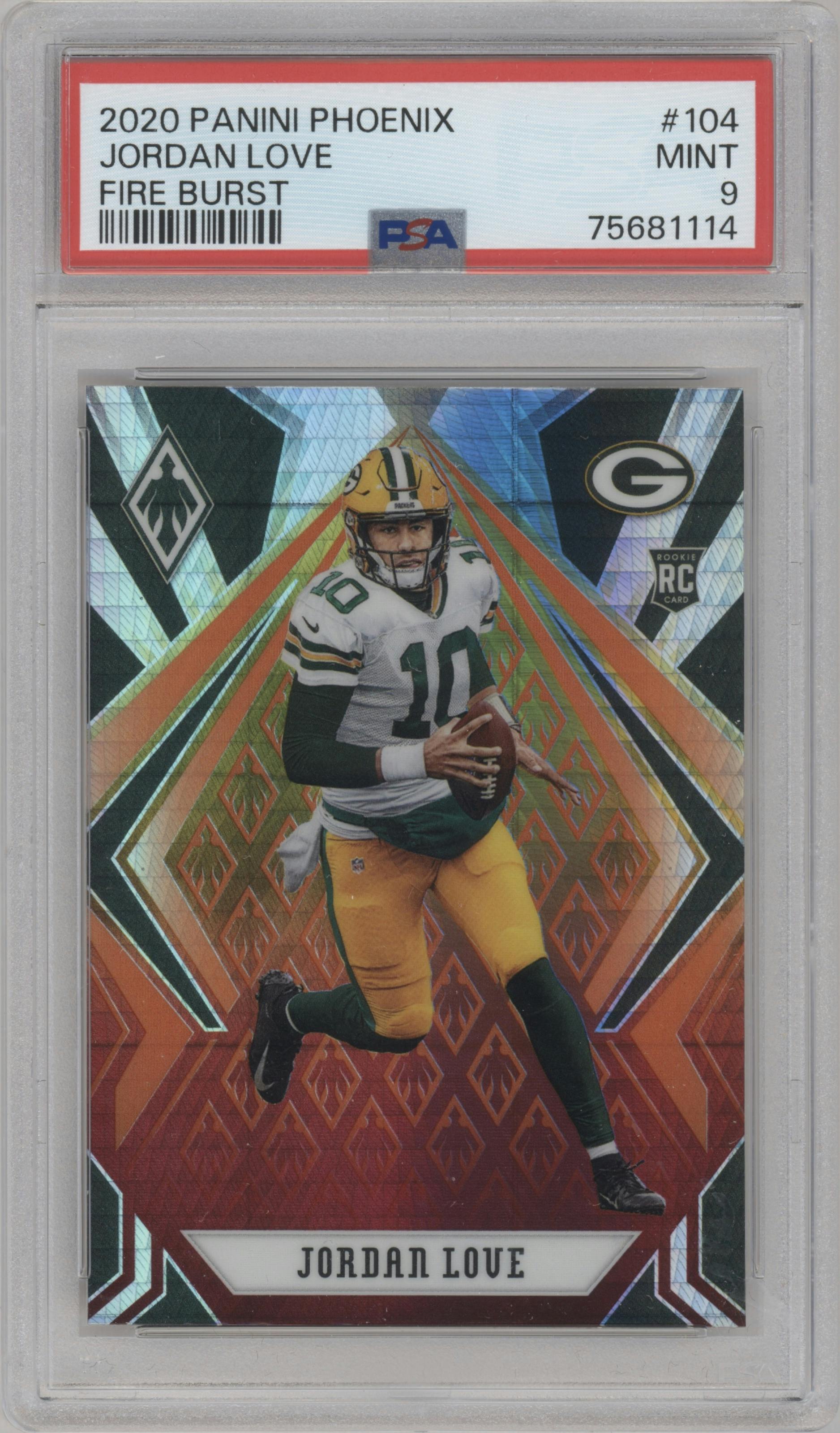 Jordan Love from the 2020 Panini Phoenix set featuring a Fire Burst parallel graded by PSA and given an overall grade of 9.